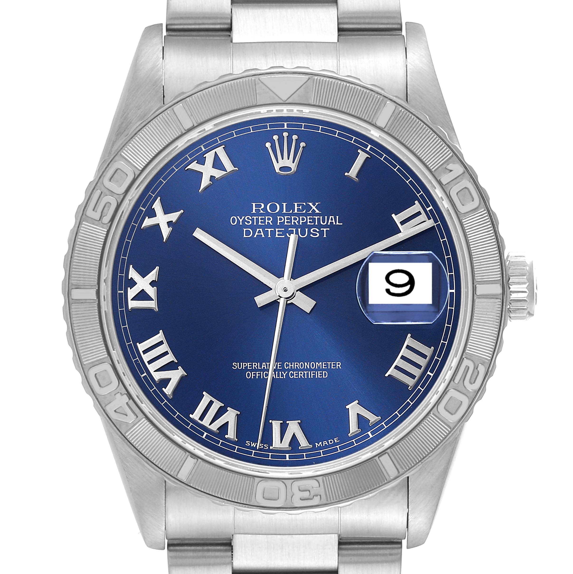 This image shows a frontal view of the Rolex Turn-o-Graph 16264 Men
s Stainless Steel Blue Dial 16264 Men
s Stainless Steel Blue Dial watch, showcasing its dial, bezel, bracelet, and date window.