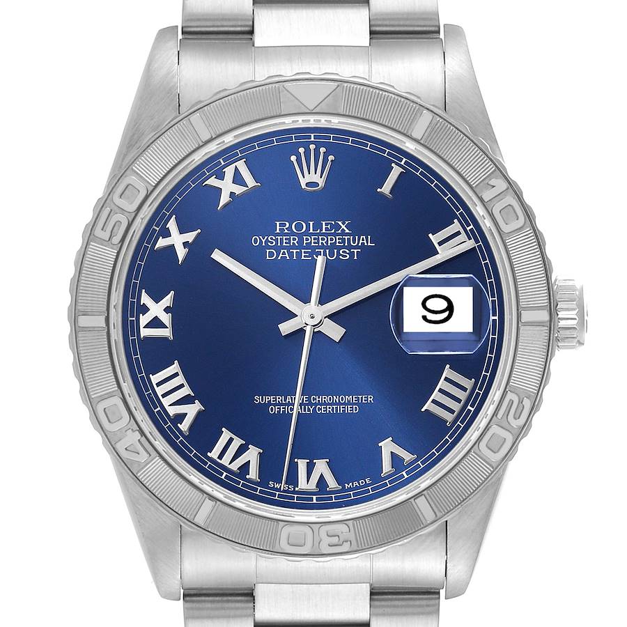Rolex Datejust Turnograph Steel White Gold Blue Dial Mens Watch 16264 Papers SwissWatchExpo