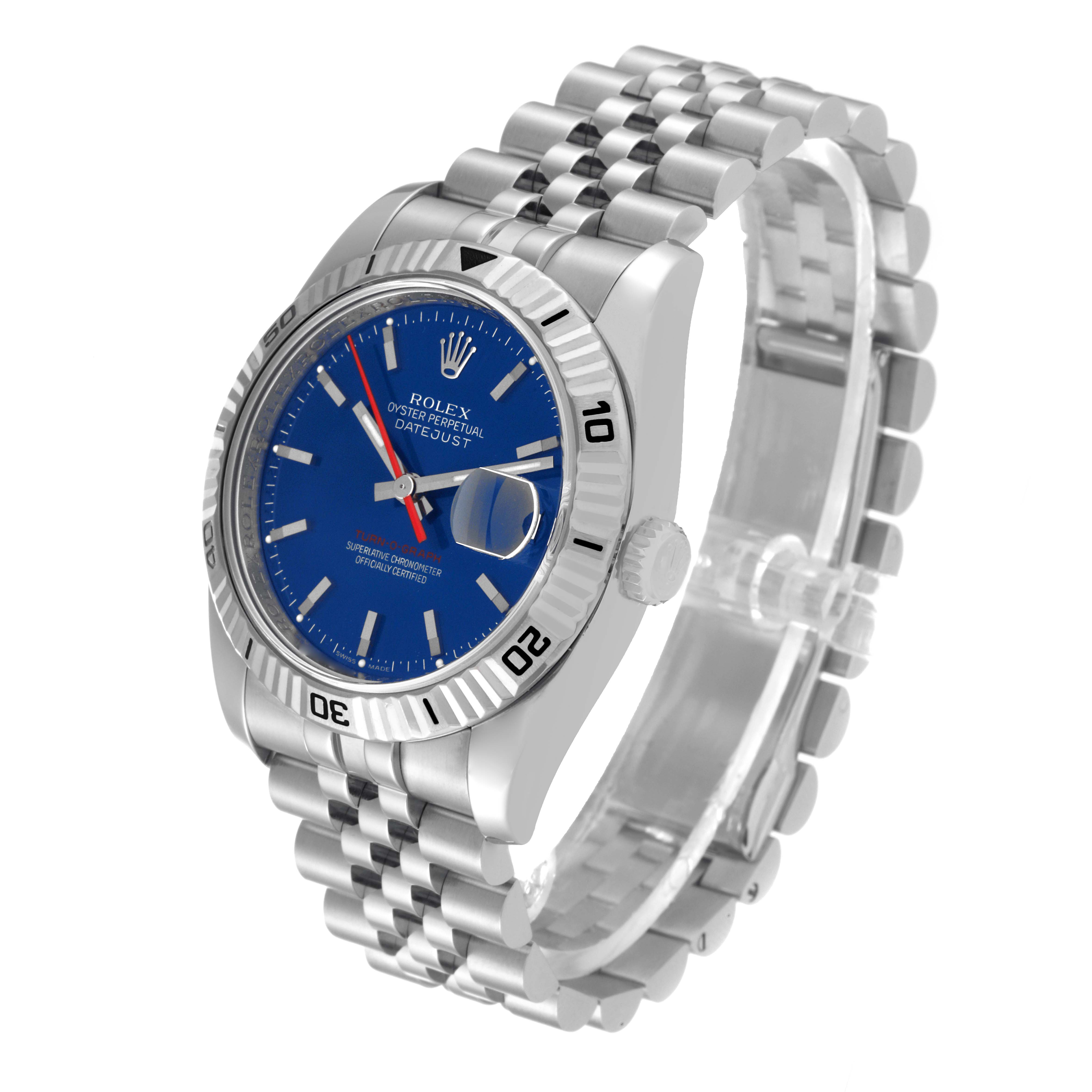 The image shows a Rolex Turn-o-Graph 116264 Men
s Stainless Steel Blue Dial 116264 Men
s Stainless Steel Blue Dial watch at an angled view highlighting its bezel, dial, bracelet, and crown.
