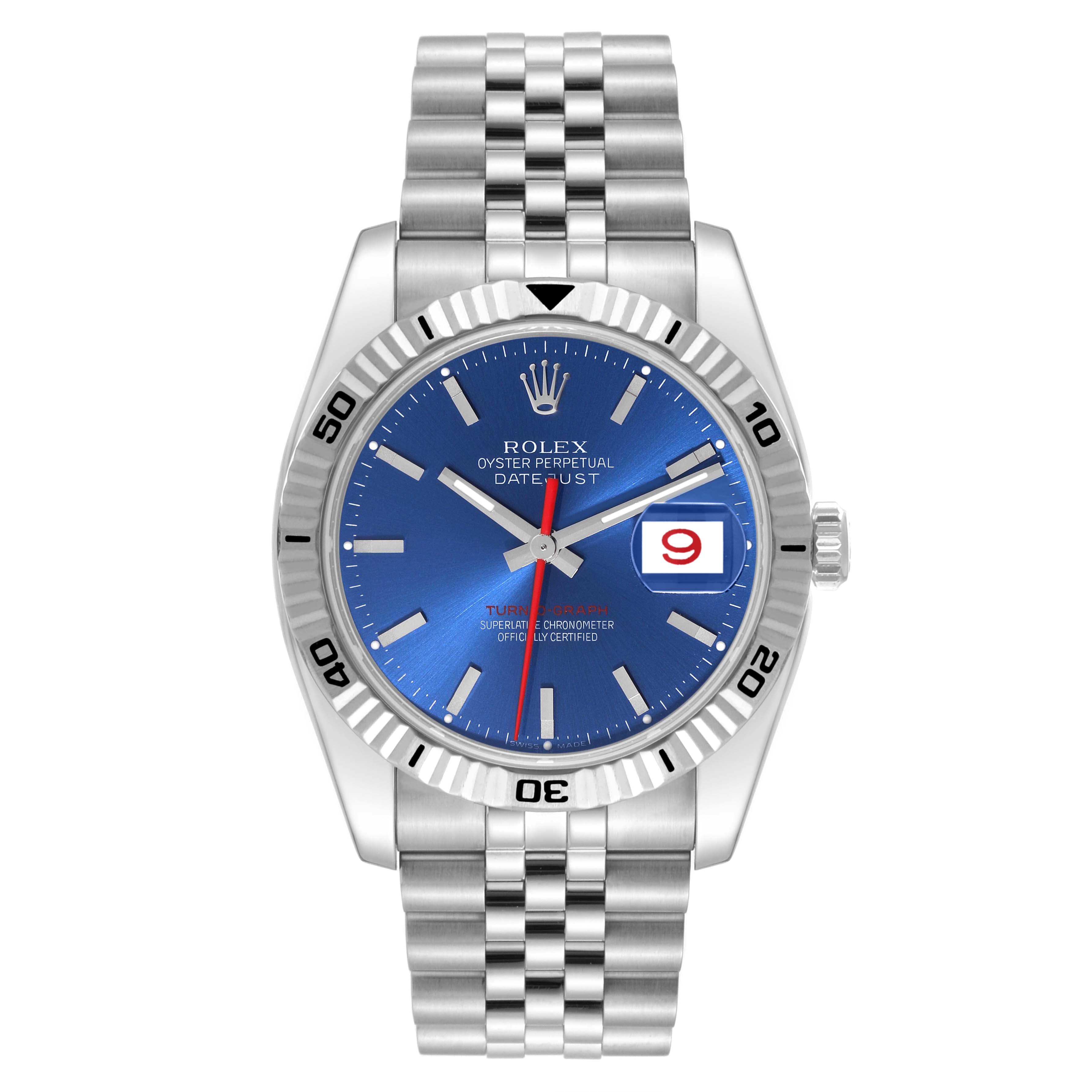 This image shows a front view of the Rolex Turn-o-Graph 116264 Men
s Stainless Steel Blue Dial 116264 Men
s Stainless Steel Blue Dial watch, highlighting its blue dial, date window, and jubilee bracelet.