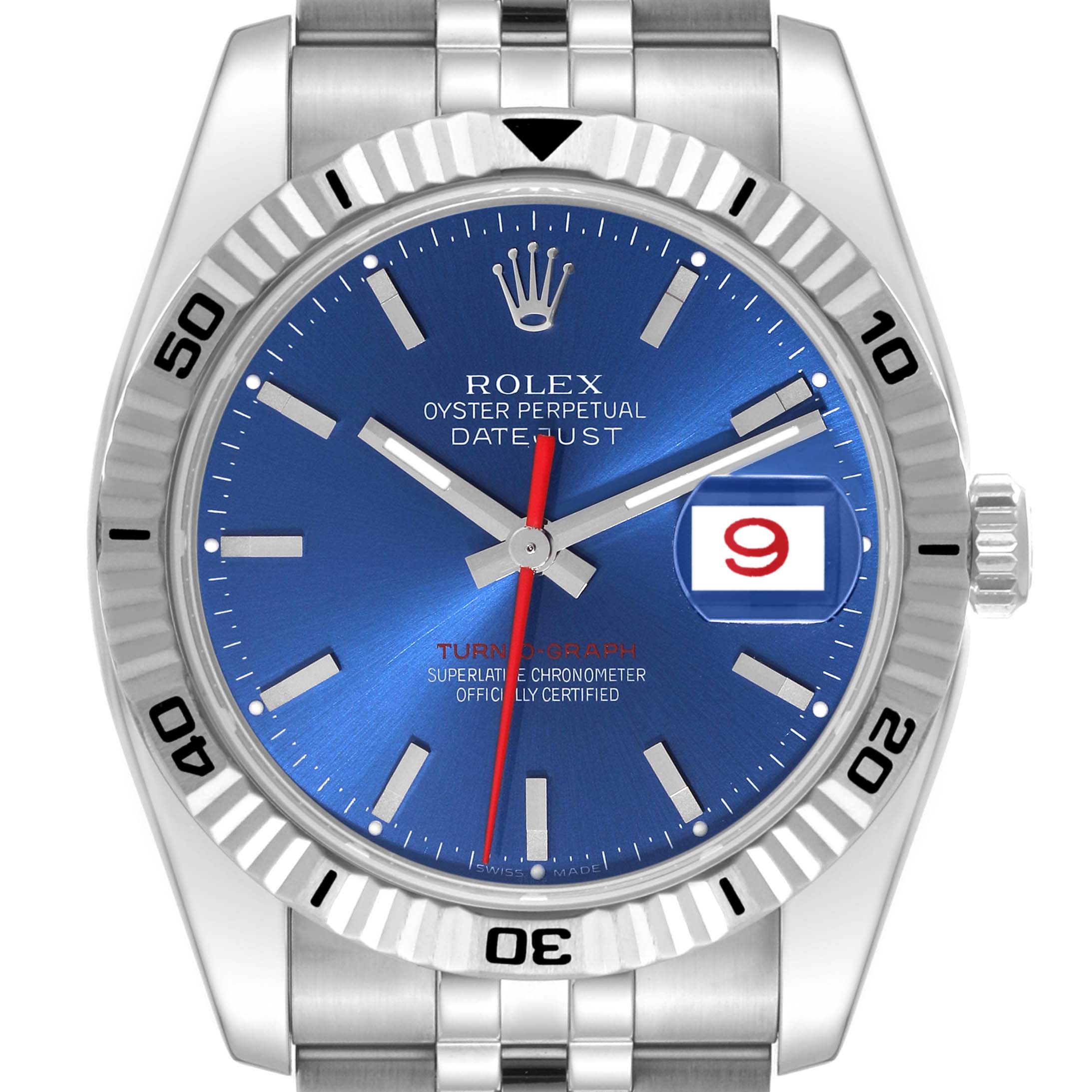 The image shows a front view of the Rolex Turn-o-Graph 116264 Men
s Stainless Steel Blue Dial 116264 Men
s Stainless Steel Blue Dial watch with its blue dial and fluted bezel clearly visible.