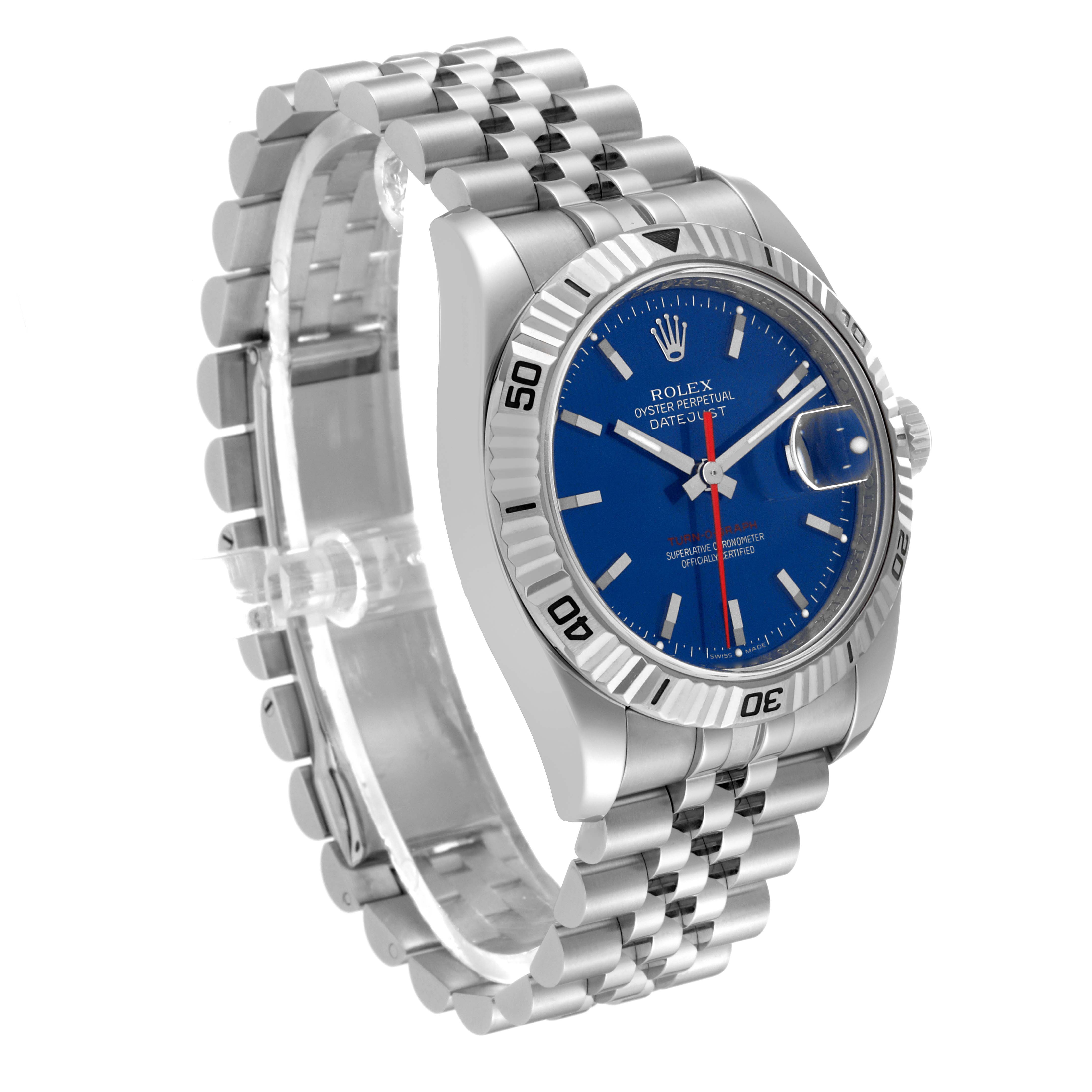 The Rolex Turn-o-Graph 116264 Men
s Stainless Steel Blue Dial 116264 Men
s Stainless Steel Blue Dial watch is shown at a three-quarter angle, displaying its blue dial, bezel, and metal bracelet.