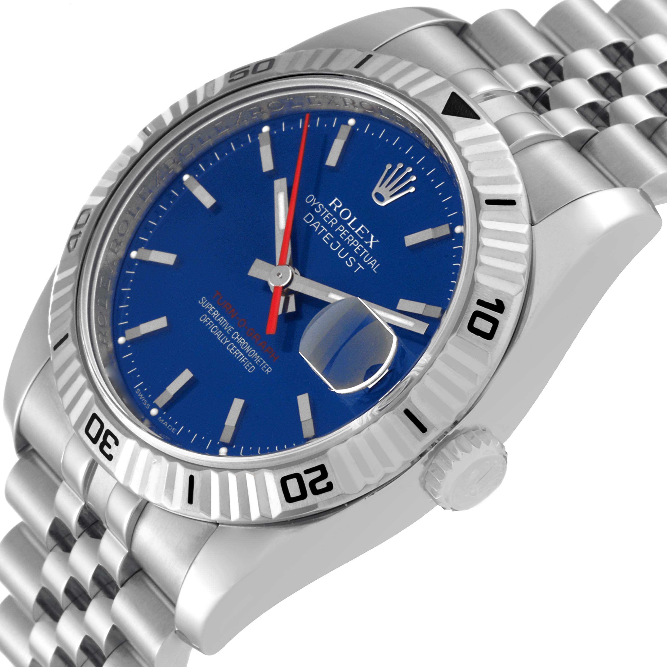 The image shows a Rolex Turn-o-Graph 116264 Men
s Stainless Steel Blue Dial 116264 Men
s Stainless Steel Blue Dial watch at an angled view, highlighting its blue dial, rotating bezel, crown, and stainless steel bracelet.