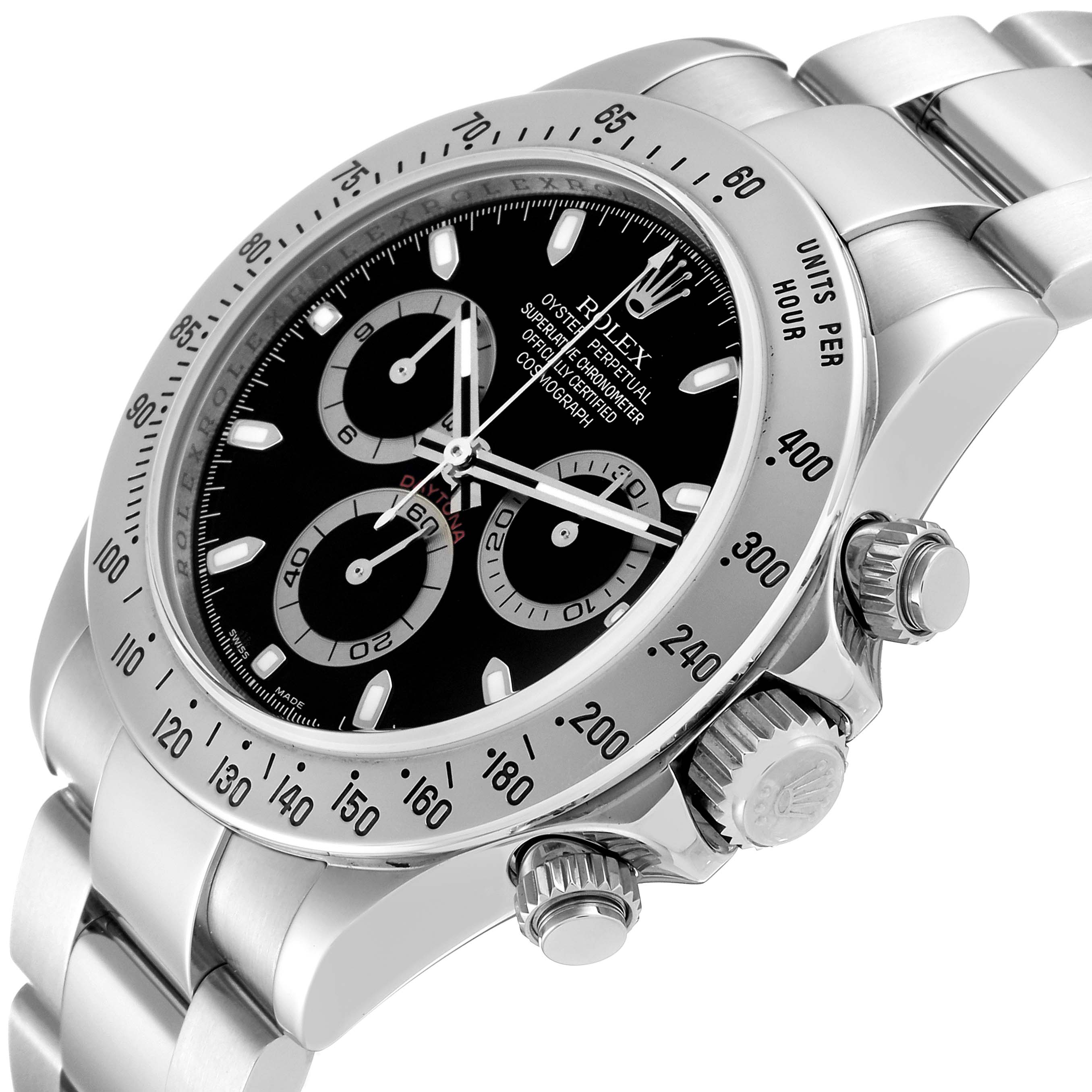 The image shows a close-up of a Rolex Daytona 116520 Men's Stainless Steel Black Dial 116520 Men's Stainless Steel Black Dial watch, highlighting its dial, bezel, and side crown buttons.