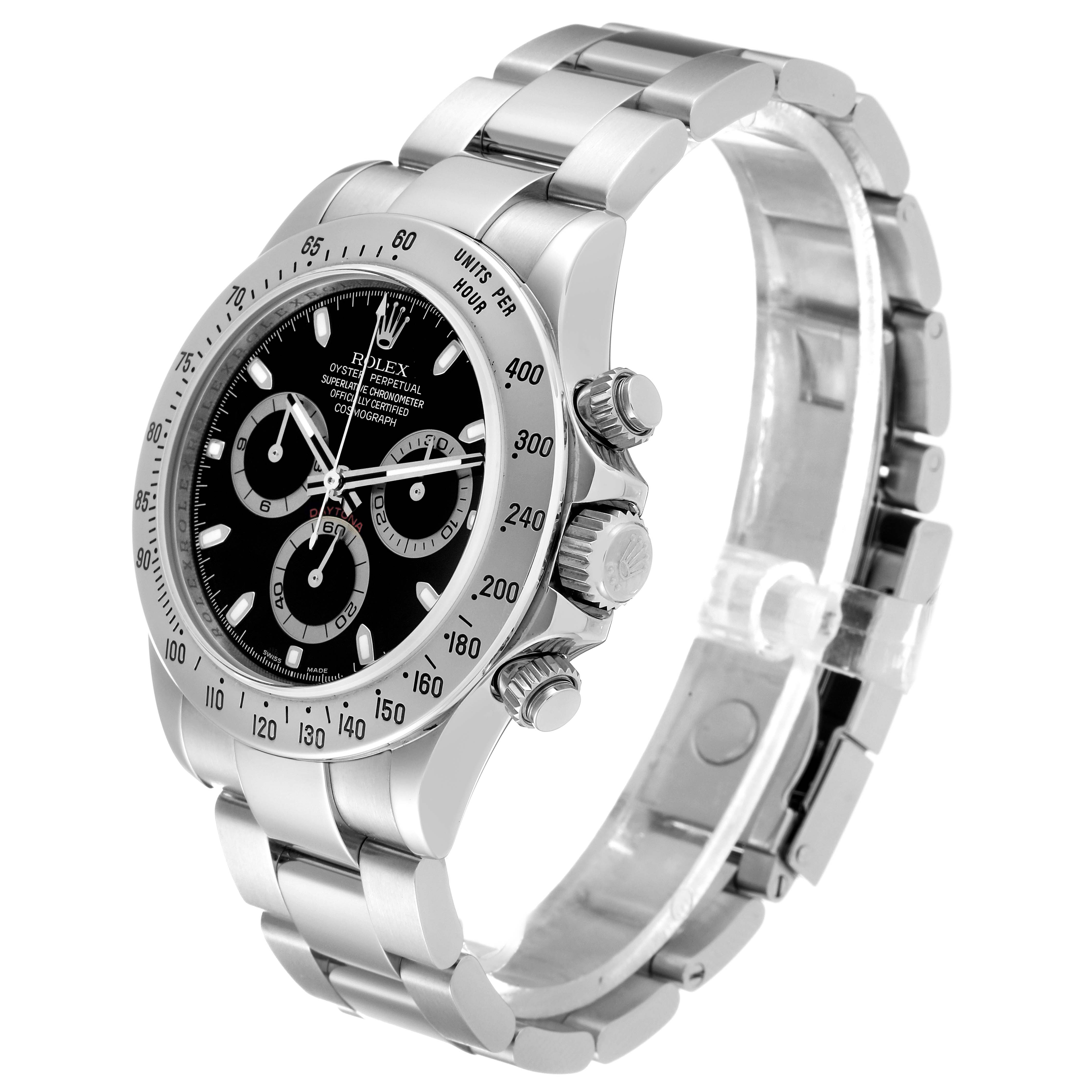 The image shows a Rolex Daytona 116520 Men's Stainless Steel Black Dial 116520 Men's Stainless Steel Black Dial watch at a three-quarter angle, highlighting the face, bezel, crown, pushers, and bracelet.