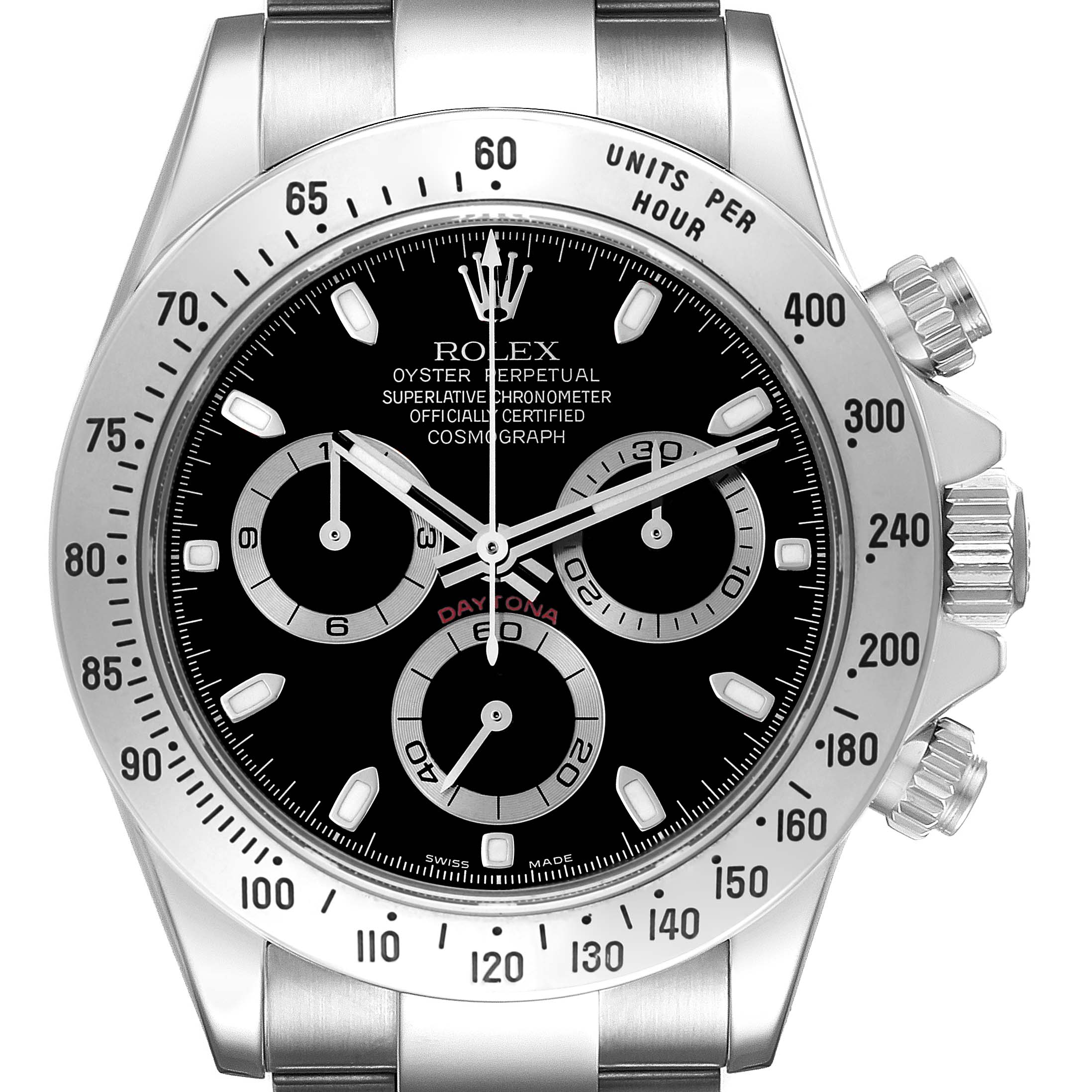 This image shows a front view of the Rolex Daytona 116520 Men's Stainless Steel Black Dial 116520 Men's Stainless Steel Black Dial watch, displaying the face, bezel, pushers, and crown.
