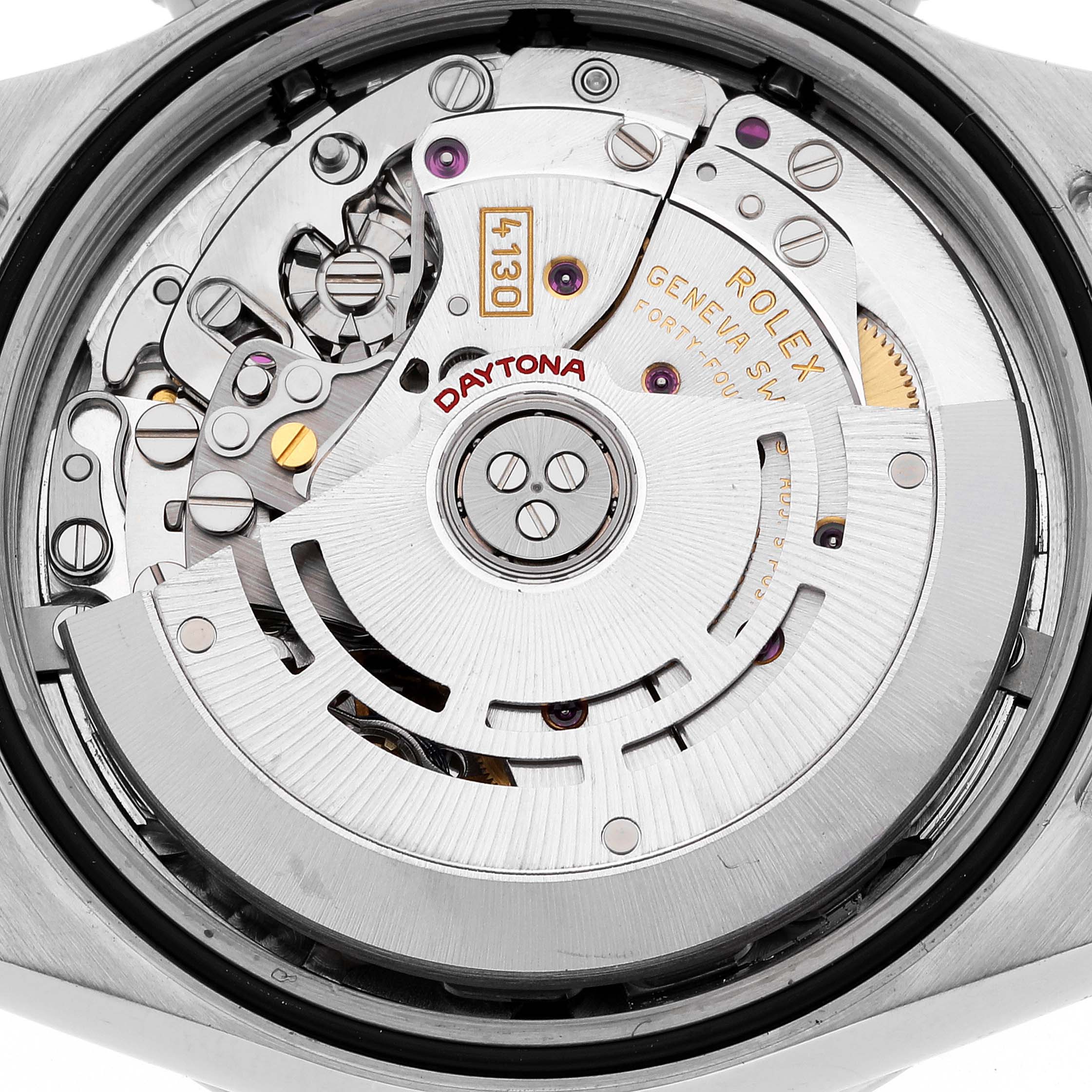 This image shows a close-up view of the movement mechanism of a Rolex Daytona 116520 Men's Stainless Steel Black Dial 116520 Men's Stainless Steel Black Dial watch.