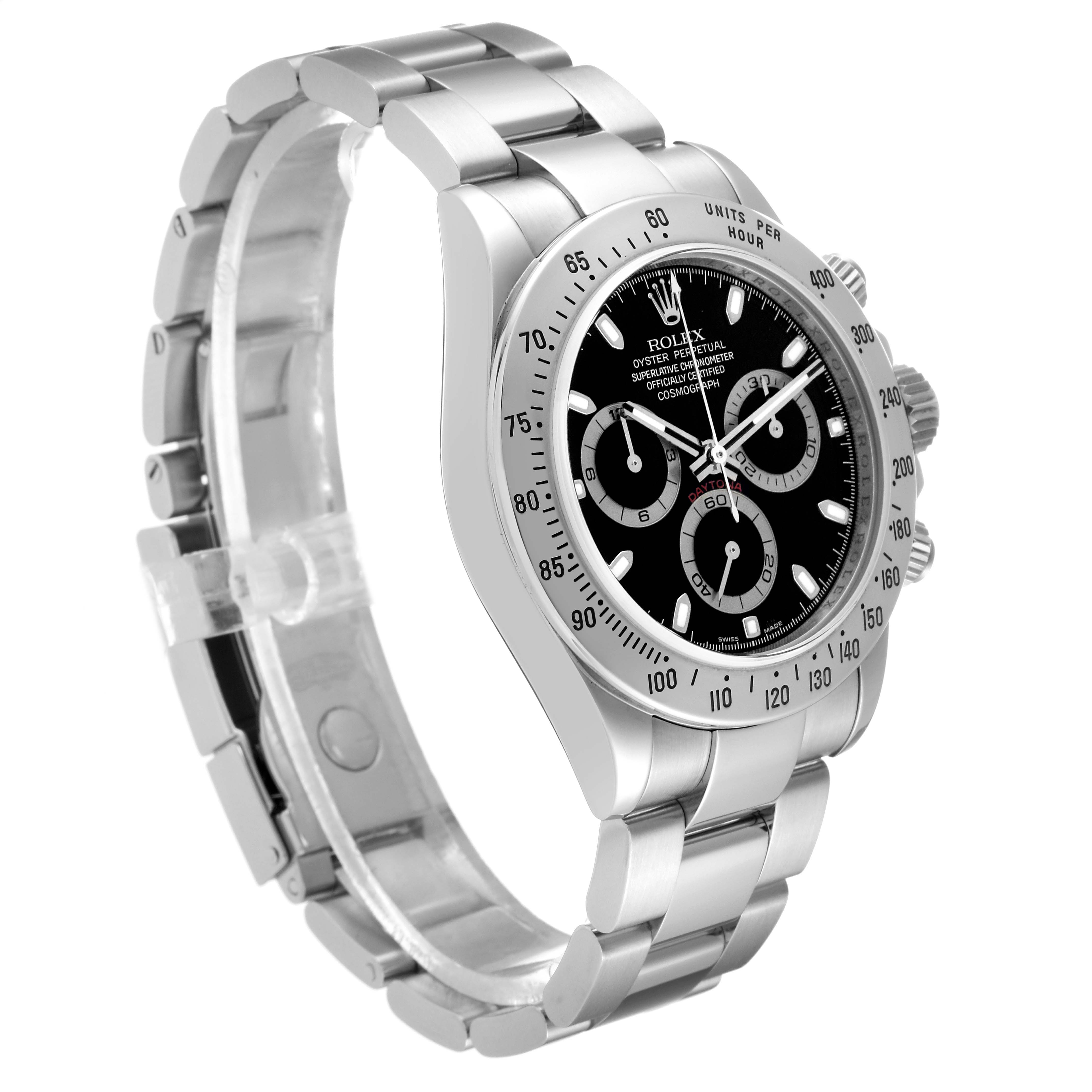 The image shows a side-angle view of the Rolex Daytona 116520 Men's Stainless Steel Black Dial 116520 Men's Stainless Steel Black Dial watch, highlighting its face and bracelet.