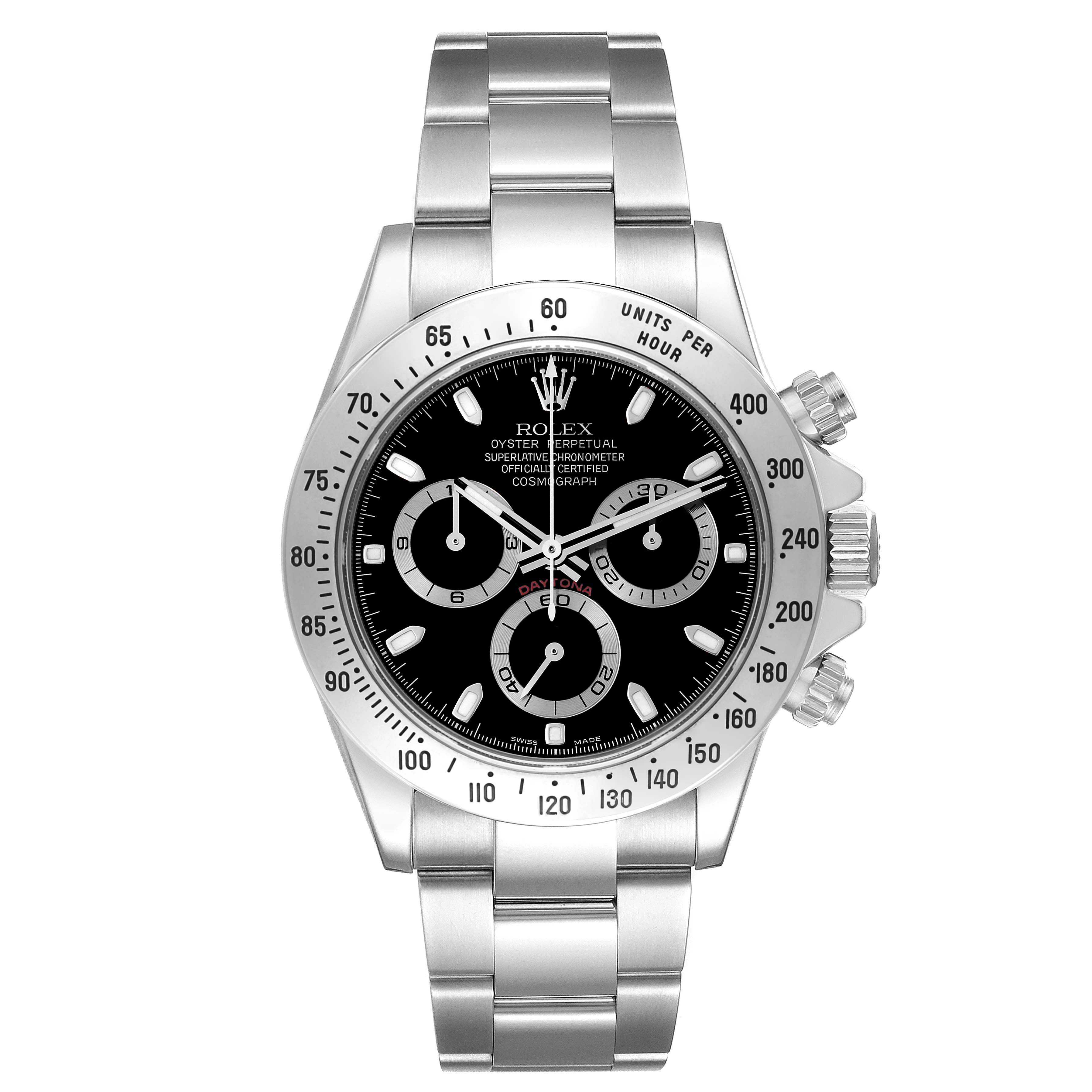 This image shows a front view of a Rolex Daytona 116520 Men's Stainless Steel Black Dial 116520 Men's Stainless Steel Black Dial, highlighting the face, bezel, dial, subdials, and metal bracelet.