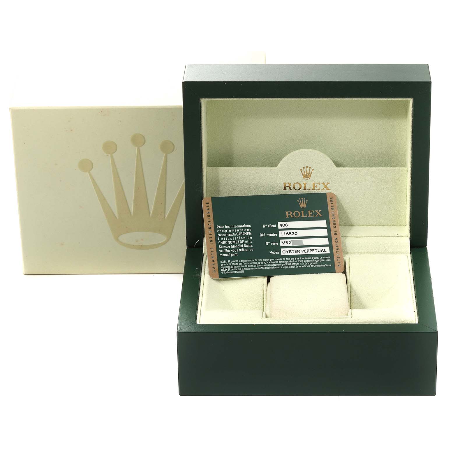 The image shows an open Rolex Daytona 116520 Men's Stainless Steel Black Dial 116520 Men's Stainless Steel Black Dial watch box with a warranty card inside.