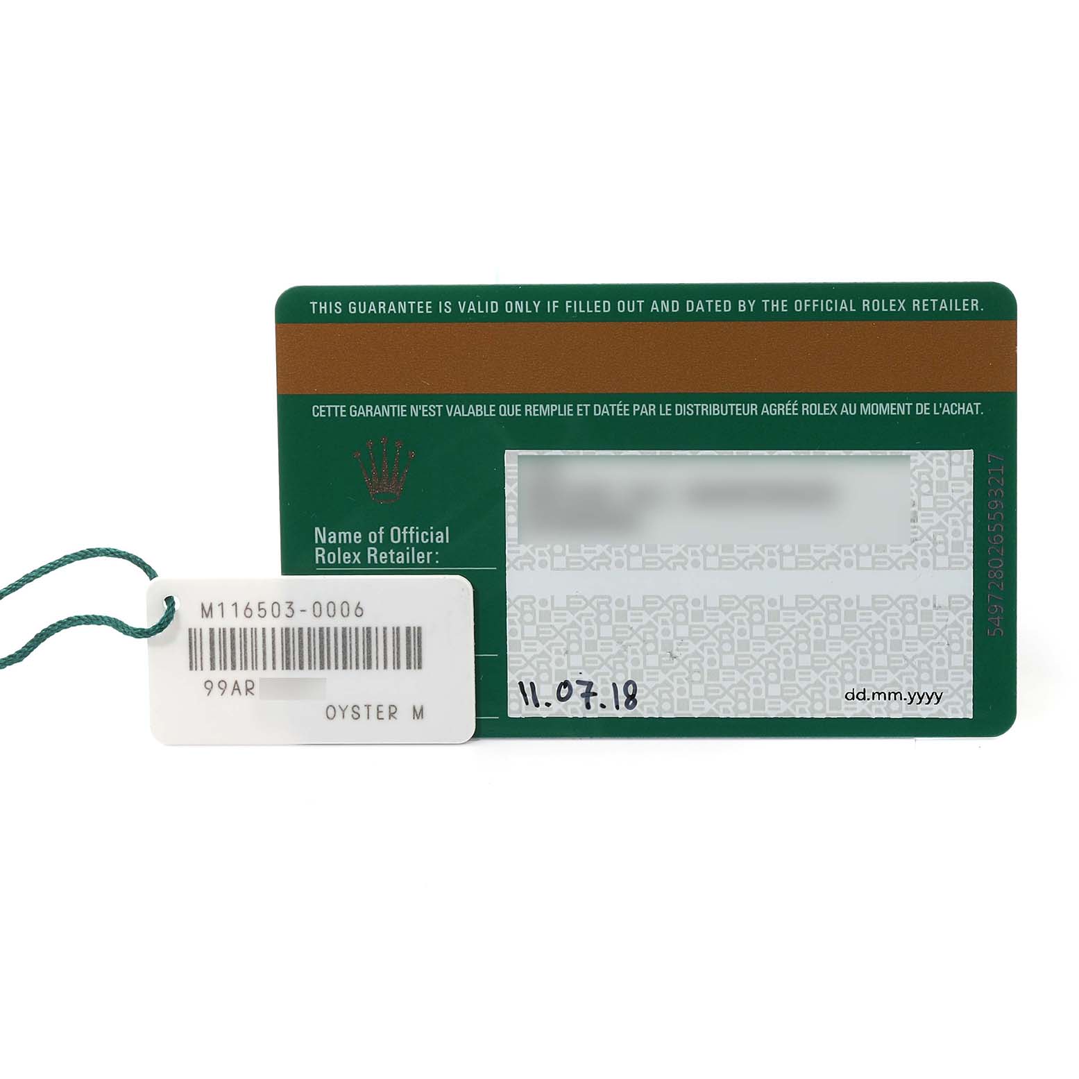 The image shows a warranty card and tag for a Rolex Daytona 116503 Men's Steel and Gold (two tone) Champagne Dial 116503 Men's Steel and Gold (two tone) Champagne Dial model, viewed from the front.