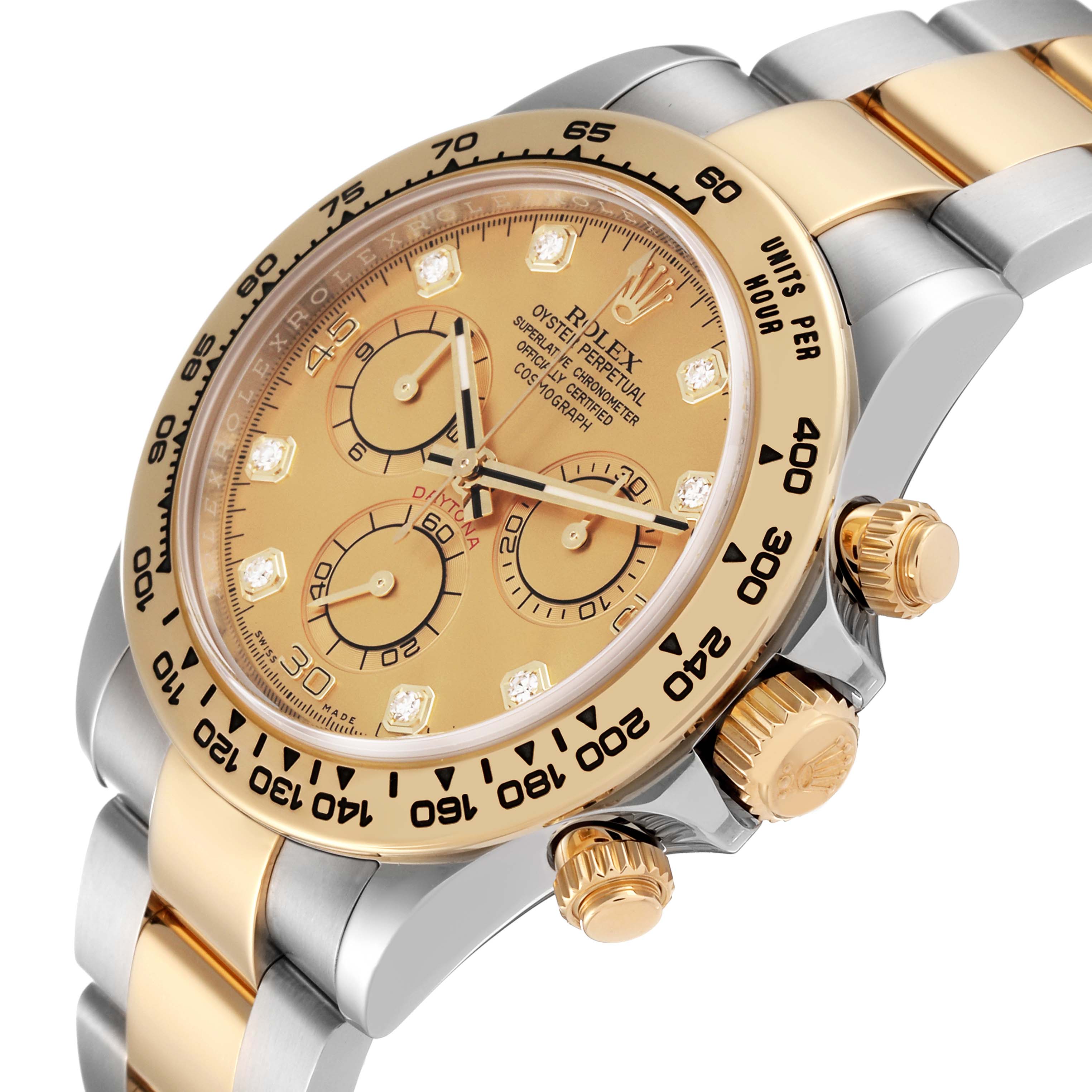 This image shows a close-up, angled view of a Rolex Daytona 116503 Men's Steel and Gold (two tone) Champagne Dial 116503 Men's Steel and Gold (two tone) Champagne Dial watch, highlighting its bezel, crown, dial, and part of the bracelet.