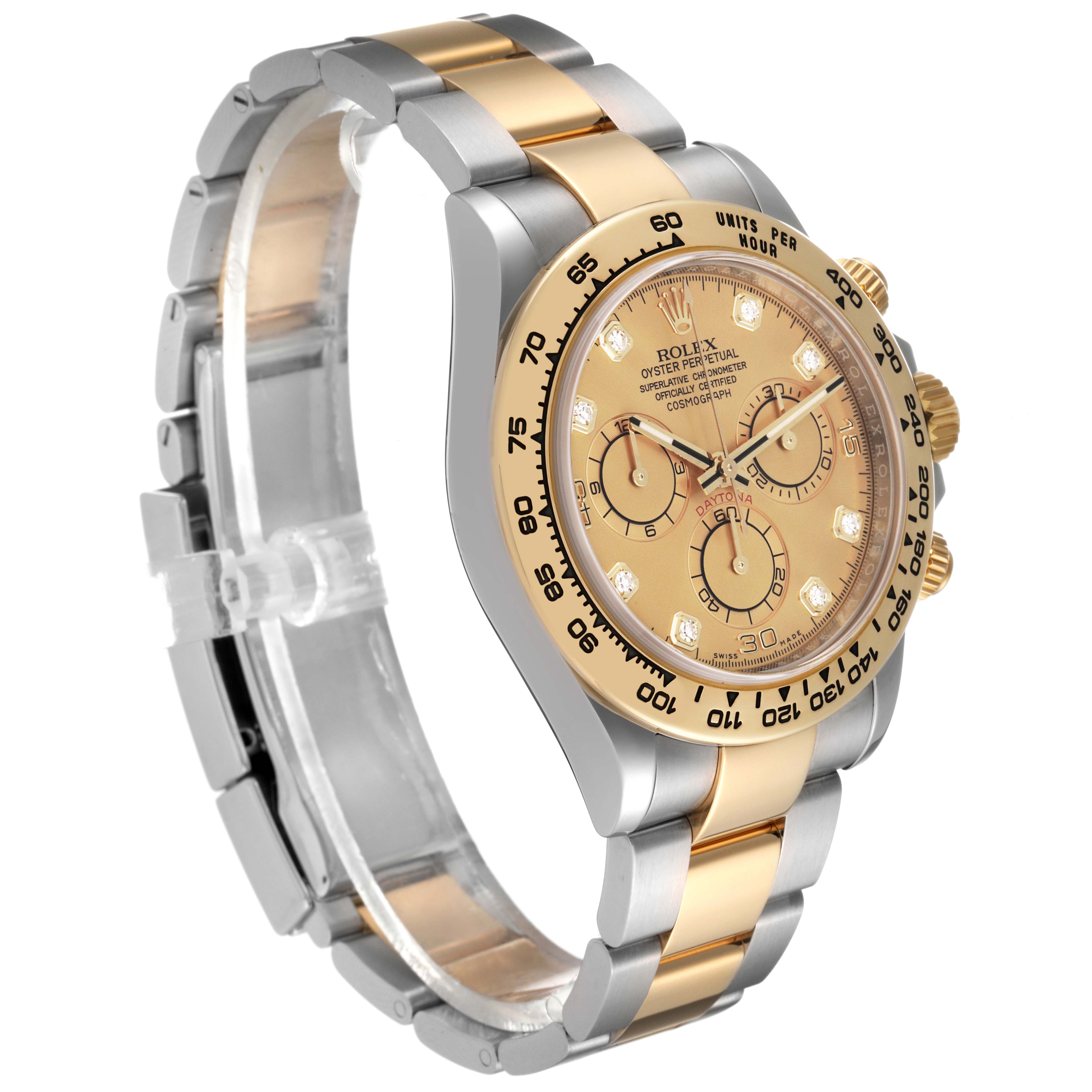 The image shows a side and front angle of a Rolex Daytona 116503 Men's Steel and Gold (two tone) Champagne Dial 116503 Men's Steel and Gold (two tone) Champagne Dial watch, highlighting its gold dial, bezel, and two-tone bracelet.
