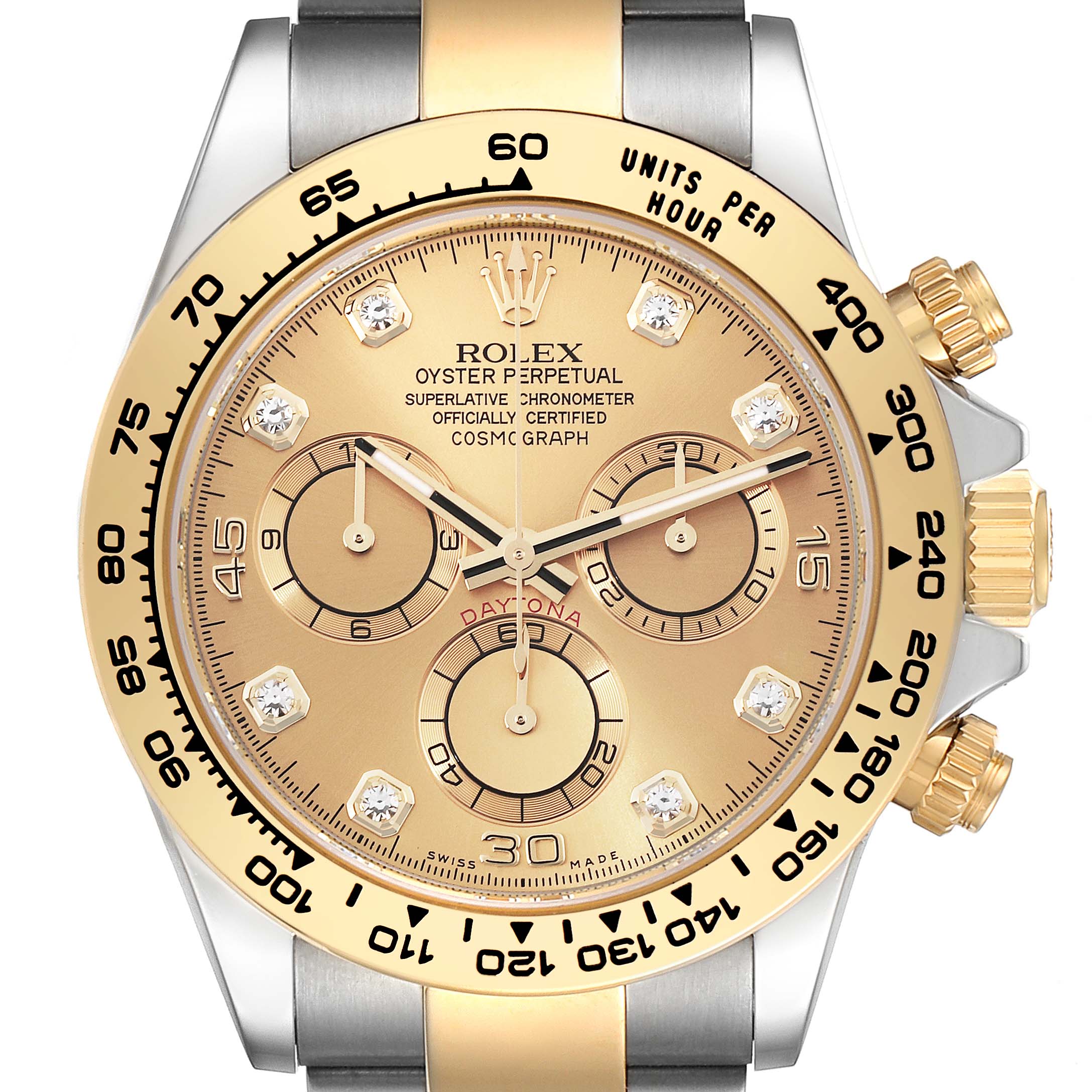 The image shows a close-up of the Rolex Daytona 116503 Men's Steel and Gold (two tone) Champagne Dial 116503 Men's Steel and Gold (two tone) Champagne Dial watch face, showcasing its gold dial, bezel, and chronograph features.