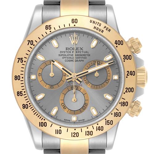 The Rolex Daytona watch is shown from a front angle, displaying the bezel, dial, subdials, and crown.