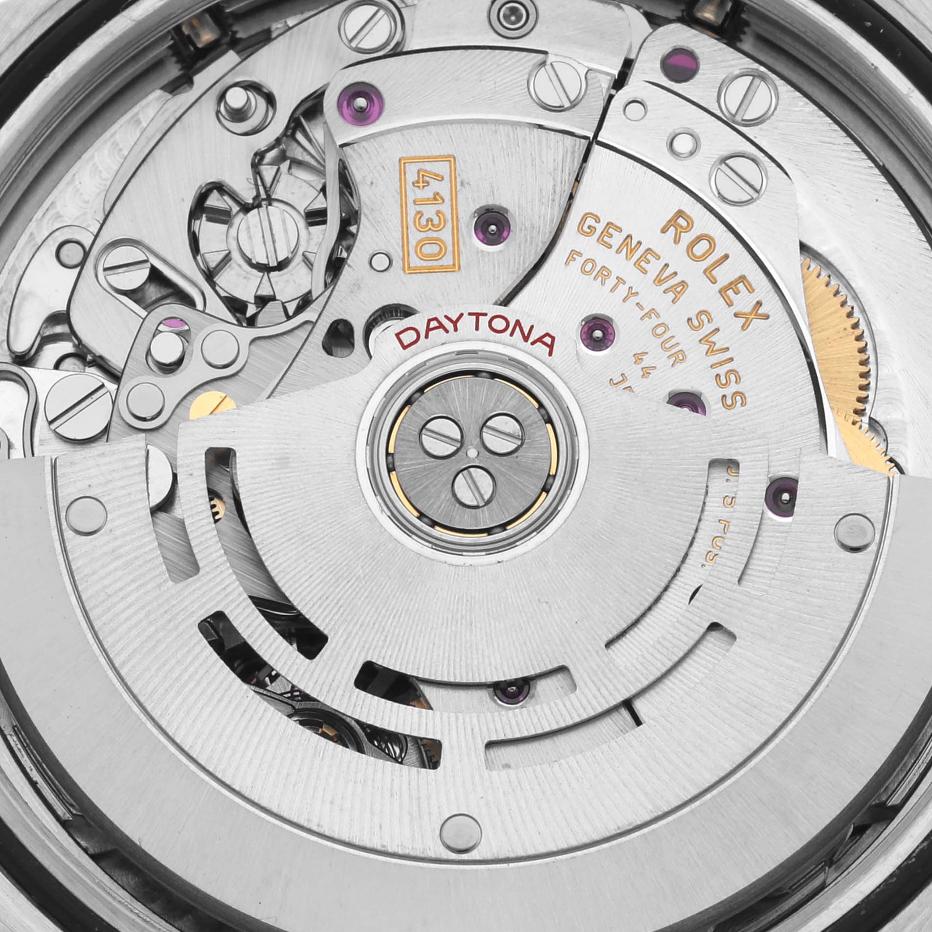 The image shows a close-up view of the movement and rotor of a Rolex Daytona 116523 Men's Steel and Gold (two tone) Grey Dial 116523 Men's Steel and Gold (two tone) Grey Dial watch.