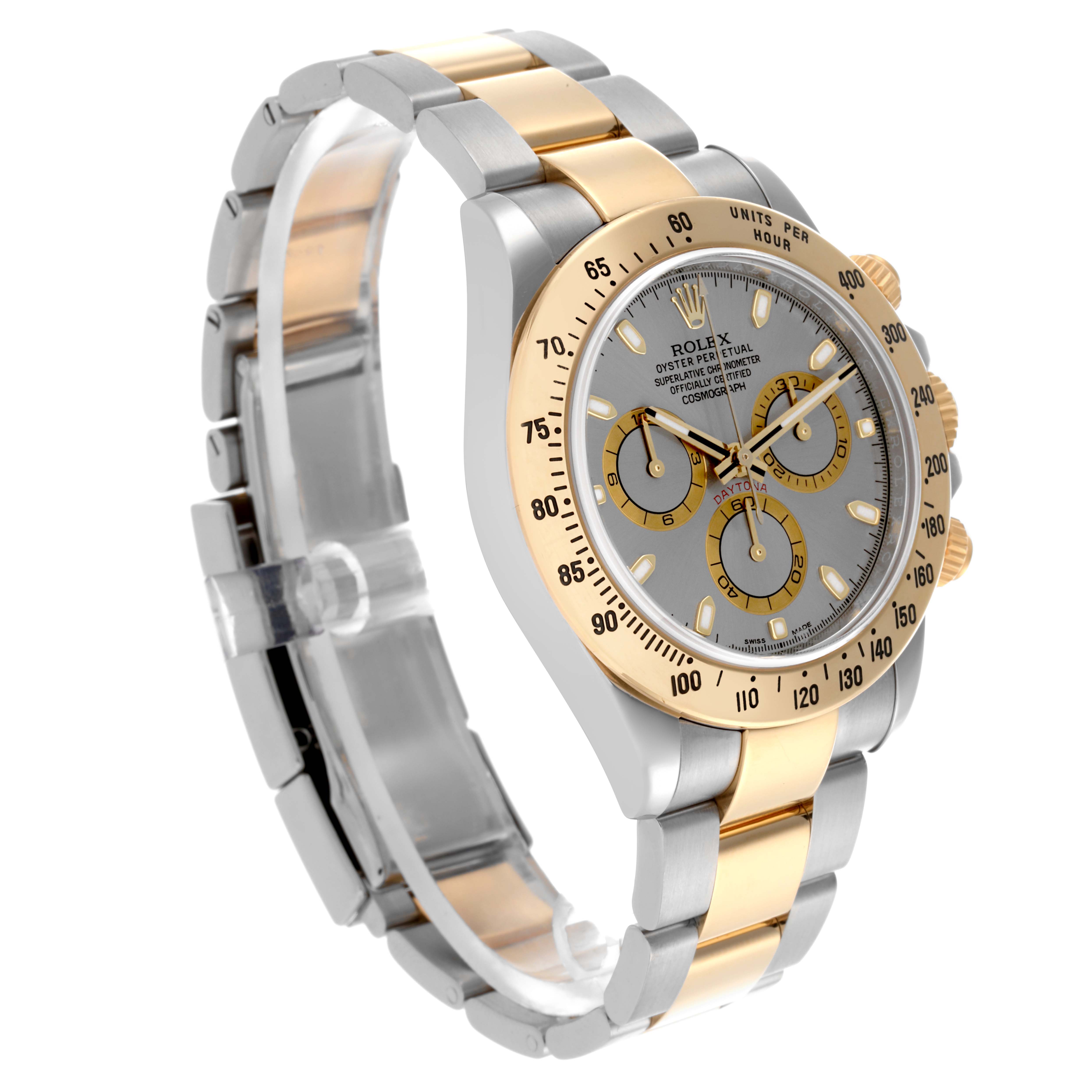The image shows a Rolex Daytona 116523 Men's Steel and Gold (two tone) Grey Dial 116523 Men's Steel and Gold (two tone) Grey Dial watch at a three-quarter angle, highlighting the dial, bezel, and two-tone bracelet.