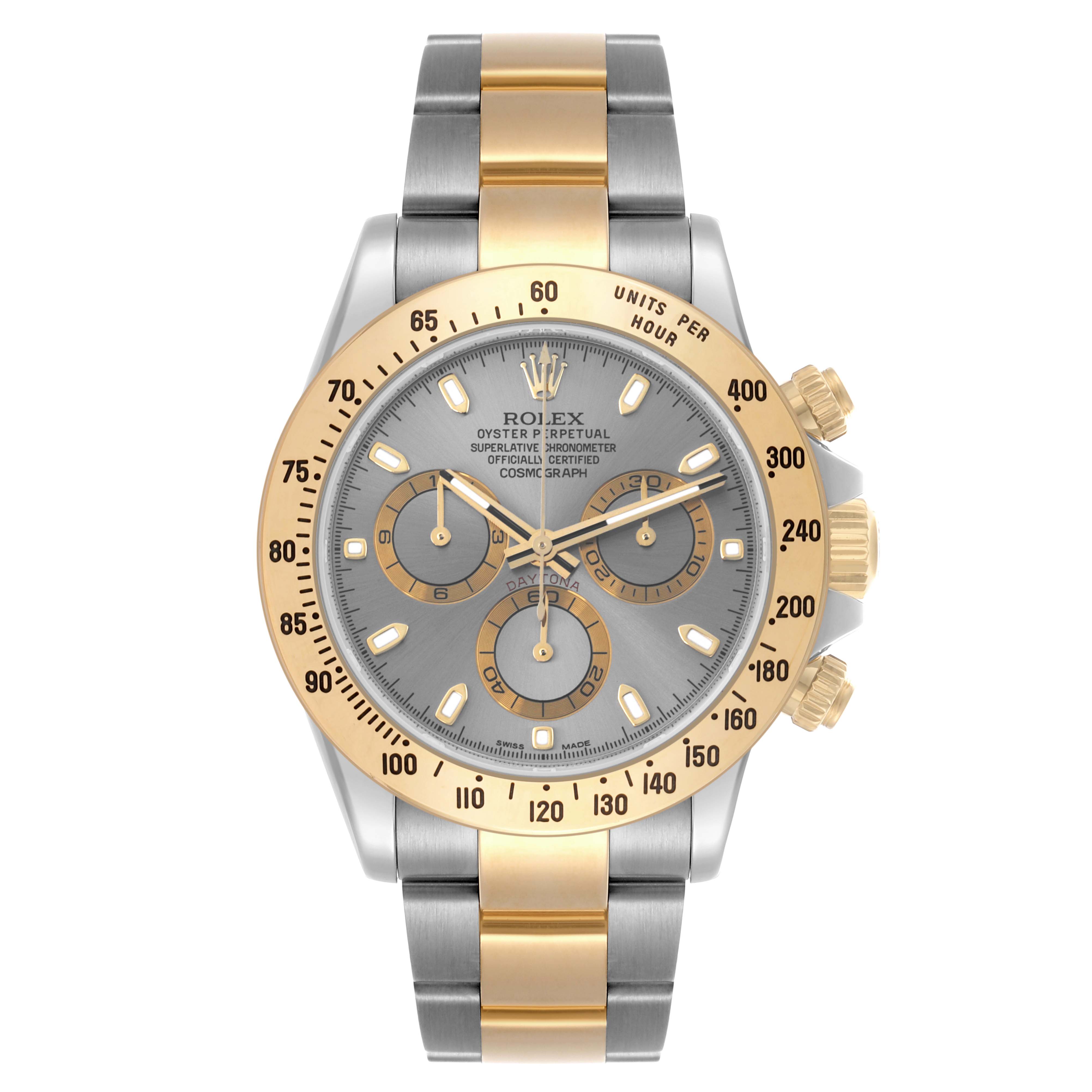 The Rolex Daytona 116523 Men's Steel and Gold (two tone) Grey Dial 116523 Men's Steel and Gold (two tone) Grey Dial watch is shown from a top view, featuring a two-tone bracelet, gold bezel, and three sub-dials on the face.