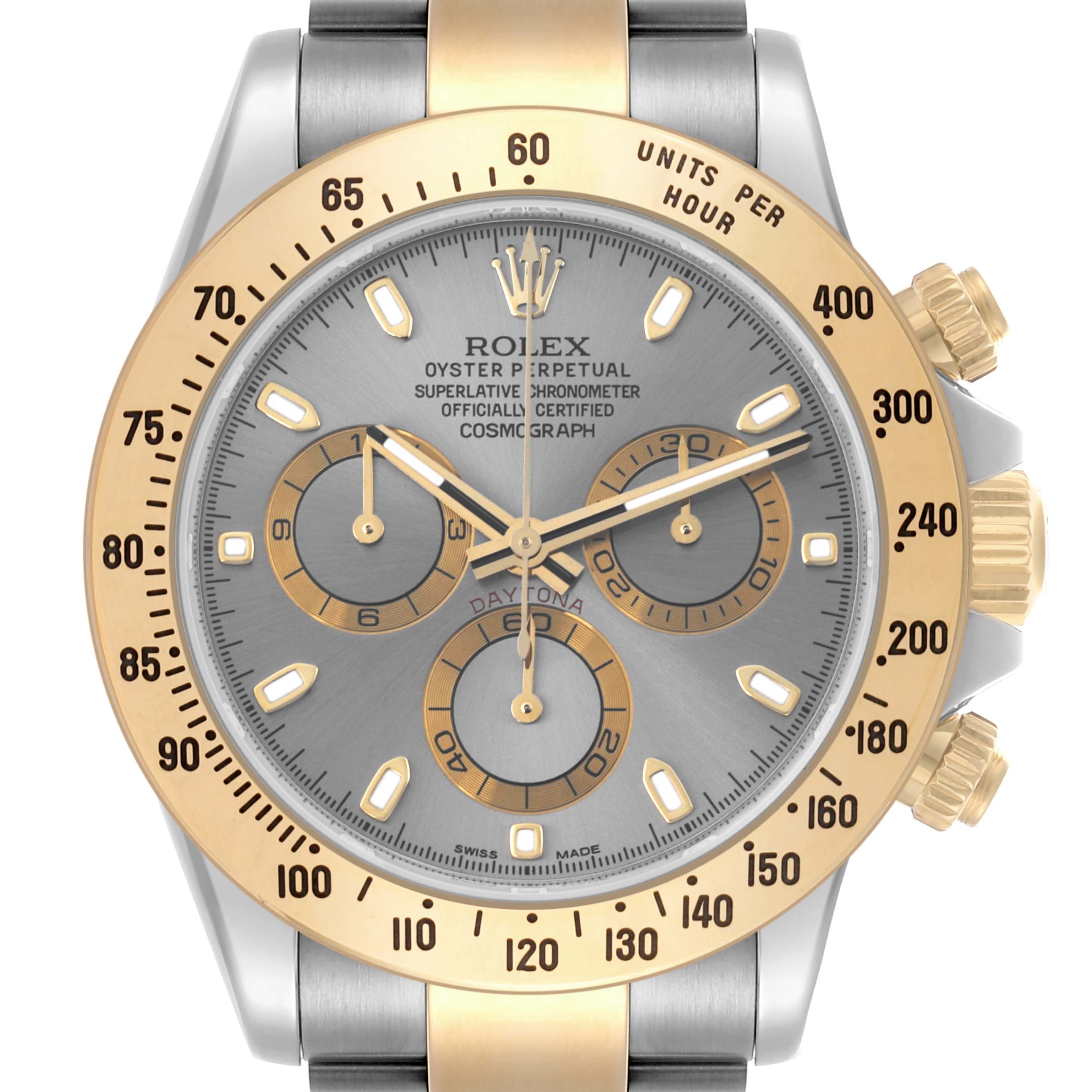 The Rolex Daytona 116523 Men's Steel and Gold (two tone) Grey Dial 116523 Men's Steel and Gold (two tone) Grey Dial watch is shown from the front, highlighting the dial, bezel, sub-dials, and crown with pushers.