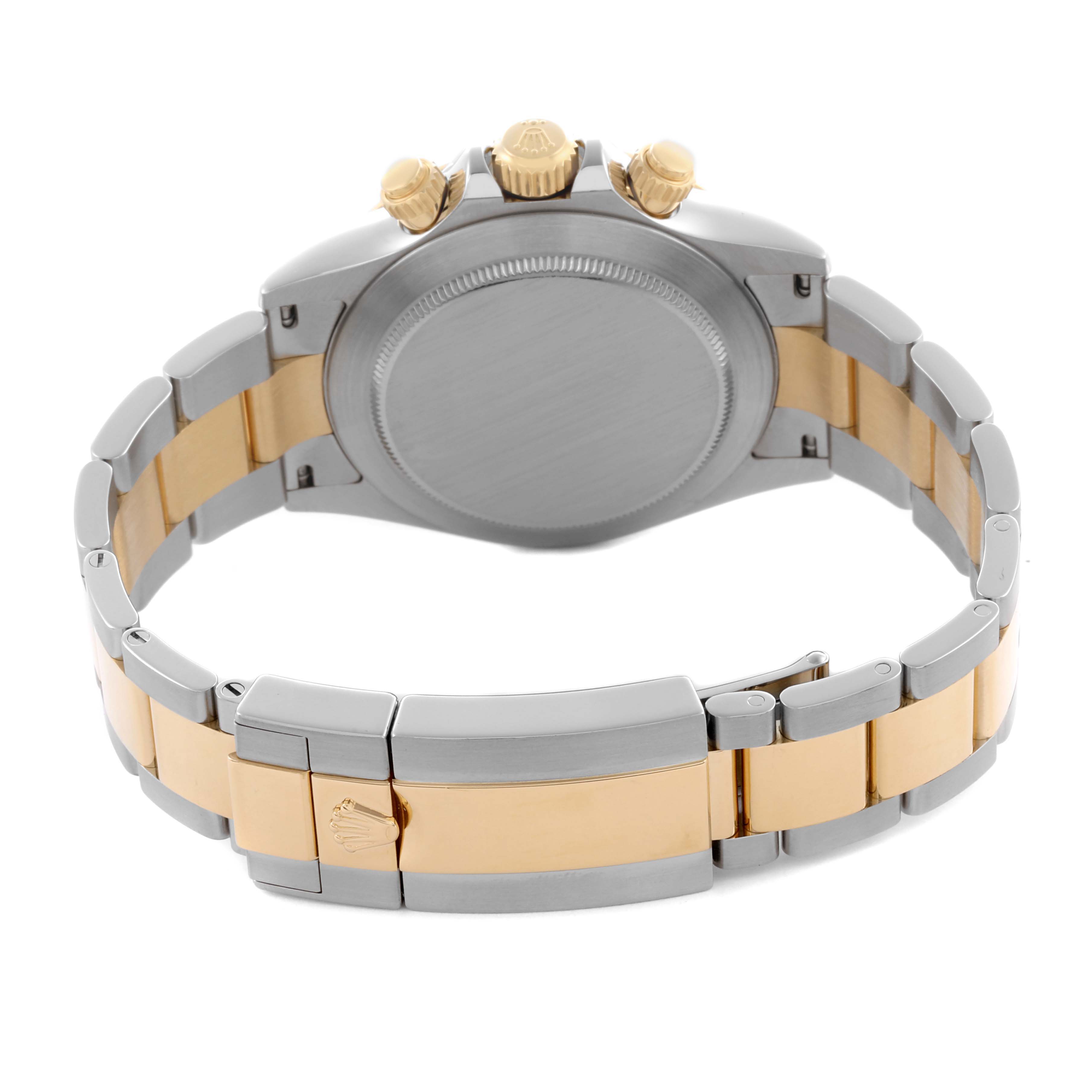 The image shows the back of a Rolex Daytona 116523 Men's Steel and Gold (two tone) Grey Dial 116523 Men's Steel and Gold (two tone) Grey Dial watch, highlighting its clasp, case back, and two-tone bracelet.