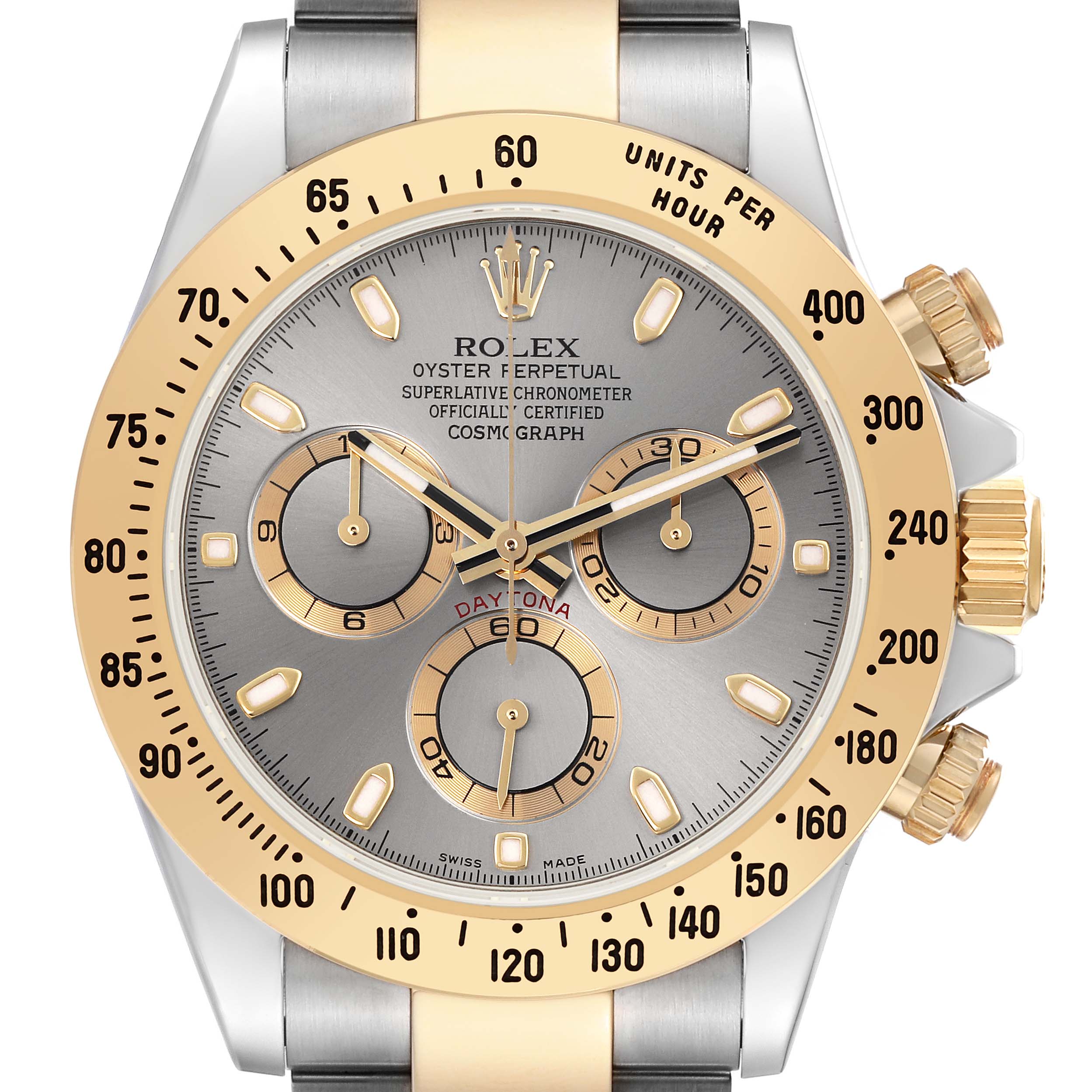 The Rolex Daytona 116523 Men's Steel and Gold (two tone) Grey Dial 116523 Men's Steel and Gold (two tone) Grey Dial watch is shown from a front angle, featuring its bezel, chronograph subdials, and crown.