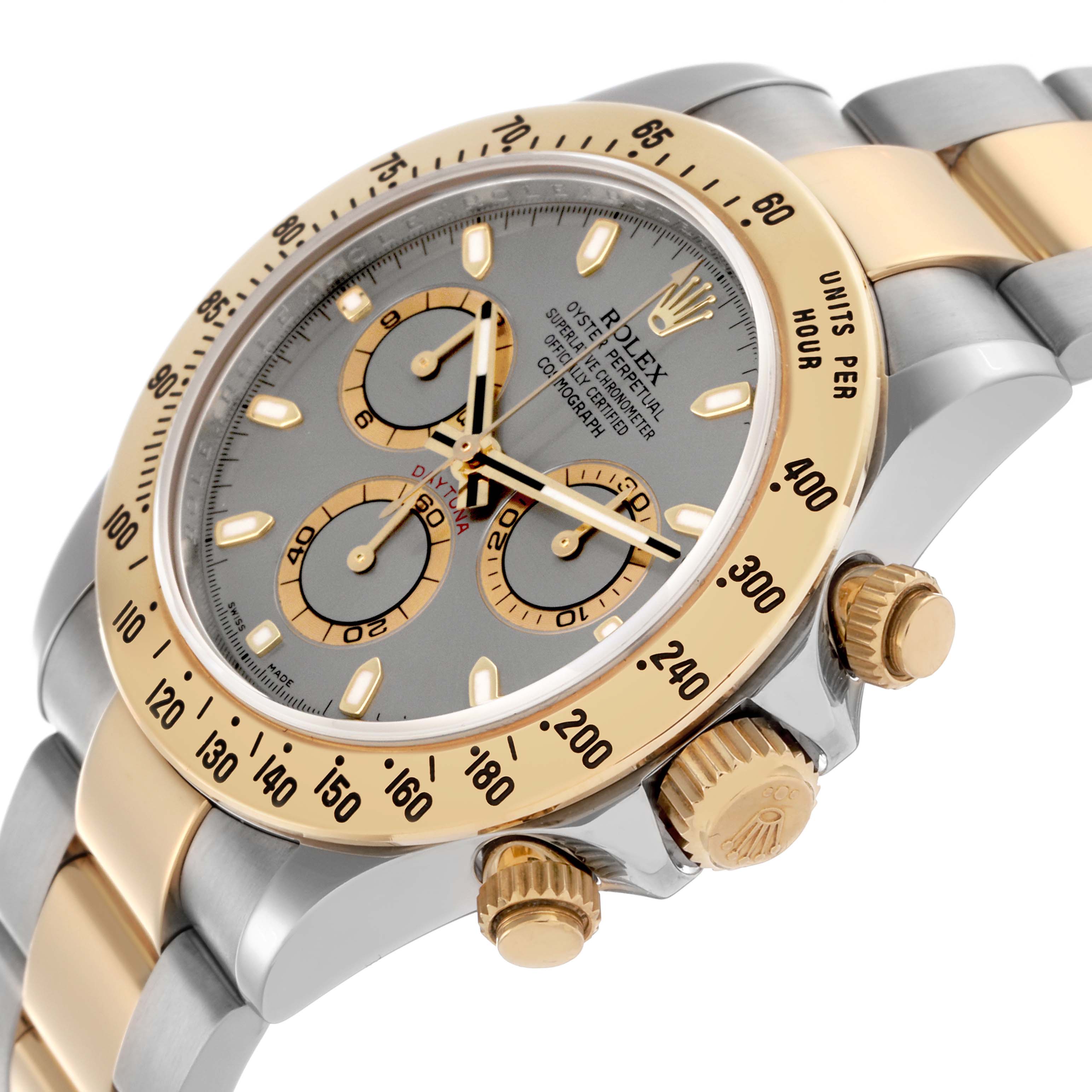 The Rolex Daytona 116523 Men's Steel and Gold (two tone) Grey Dial 116523 Men's Steel and Gold (two tone) Grey Dial watch is shown at an angled view, highlighting the bezel, dial, crown, and pushers.