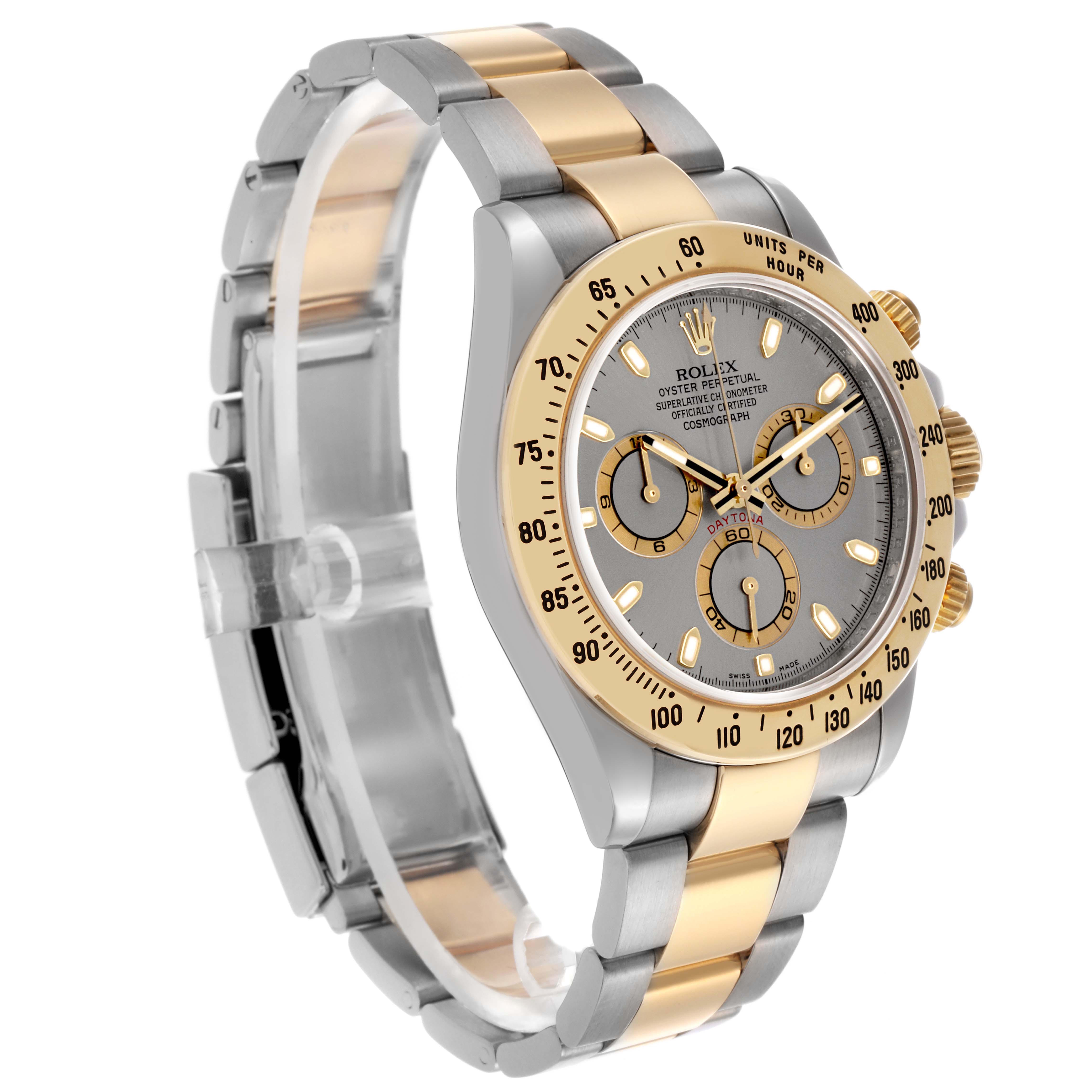 The Rolex Daytona 116523 Men's Steel and Gold (two tone) Grey Dial 116523 Men's Steel and Gold (two tone) Grey Dial watch is shown at an angle highlighting the face, bezel, crown, and two-tone bracelet.