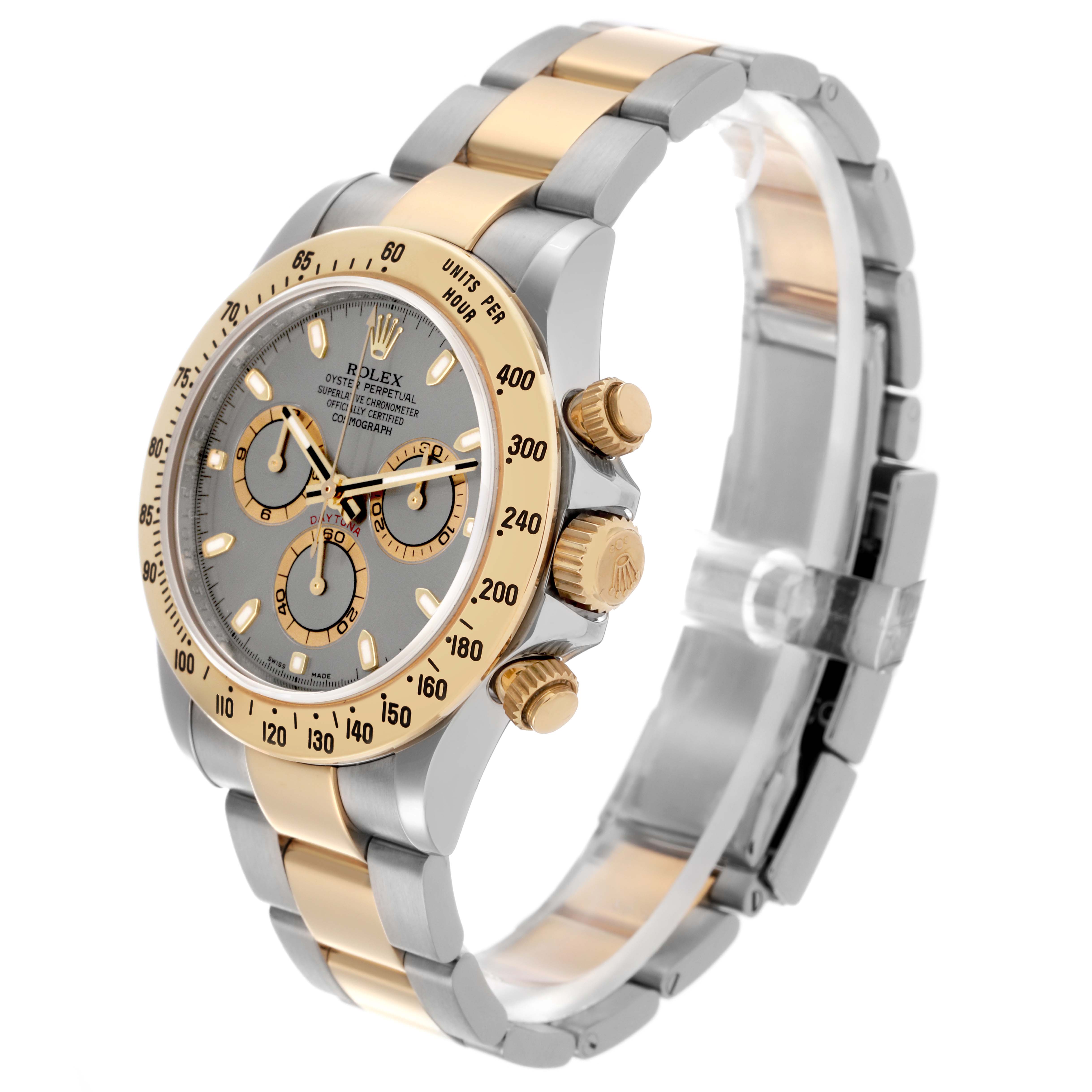 The Rolex Daytona 116523 Men's Steel and Gold (two tone) Grey Dial 116523 Men's Steel and Gold (two tone) Grey Dial watch is shown at a 3/4 angle, highlighting the bezel, crown, pushers, and two-tone bracelet.