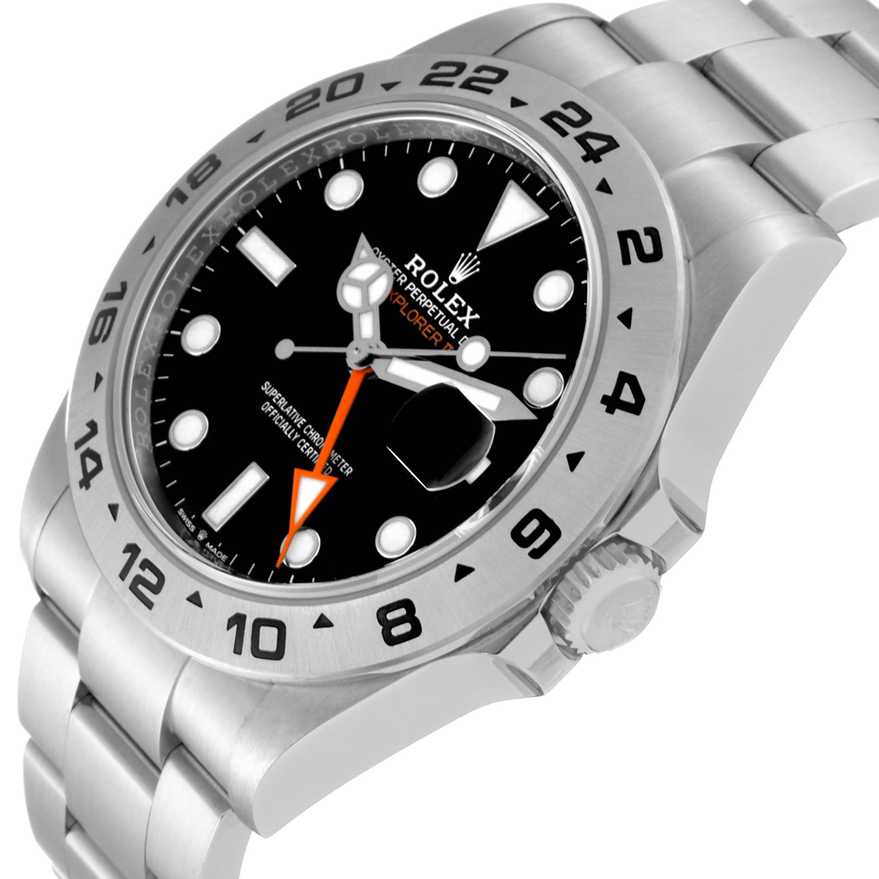 This image shows a side perspective of a Rolex Explorer 226570 Men's Stainless Steel Black Dial 226570 Men's Stainless Steel Black Dial watch, highlighting its bezel, dial, hands, and part of the bracelet.