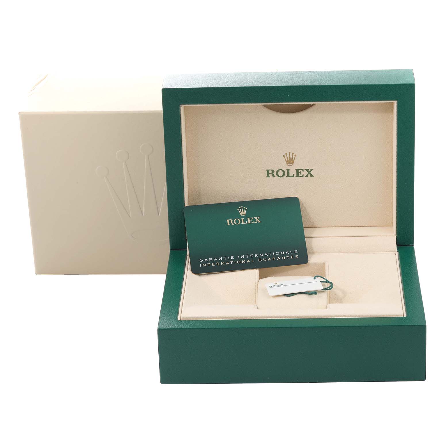 The image shows the box and international guarantee card for a Rolex Explorer 226570 Men's Stainless Steel Black Dial 226570 Men's Stainless Steel Black Dial, along with a tag, viewed from the front.