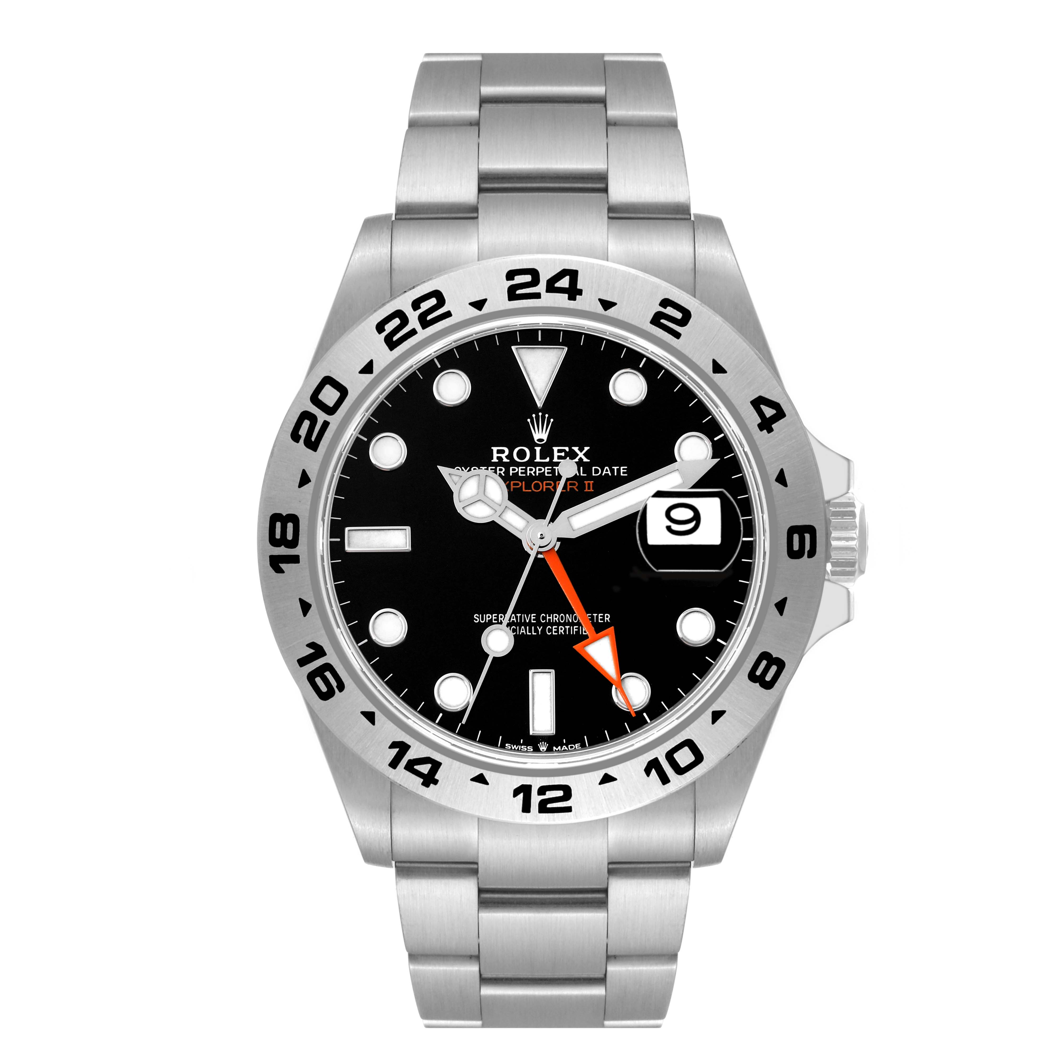 The image shows a front view of a Rolex Explorer 226570 Men's Stainless Steel Black Dial 226570 Men's Stainless Steel Black Dial watch, displaying its face, bezel, and bracelet.