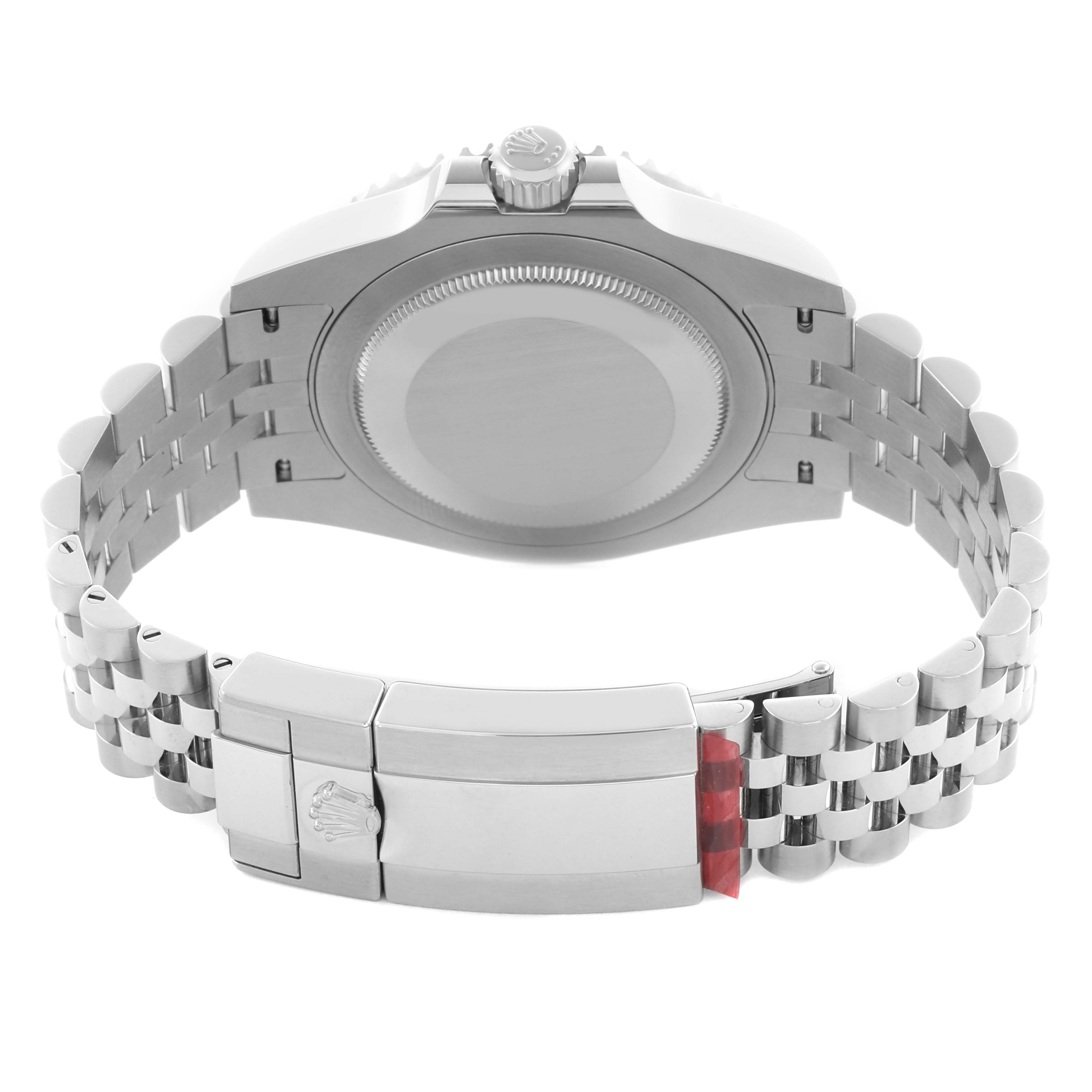 The image shows the back of the Rolex GMT-Master 126710BLNR Men's Stainless Steel Black Dial 126710BLNR Men's Stainless Steel Black Dial watch, highlighting the case, crown, and jubilee bracelet with clasp.