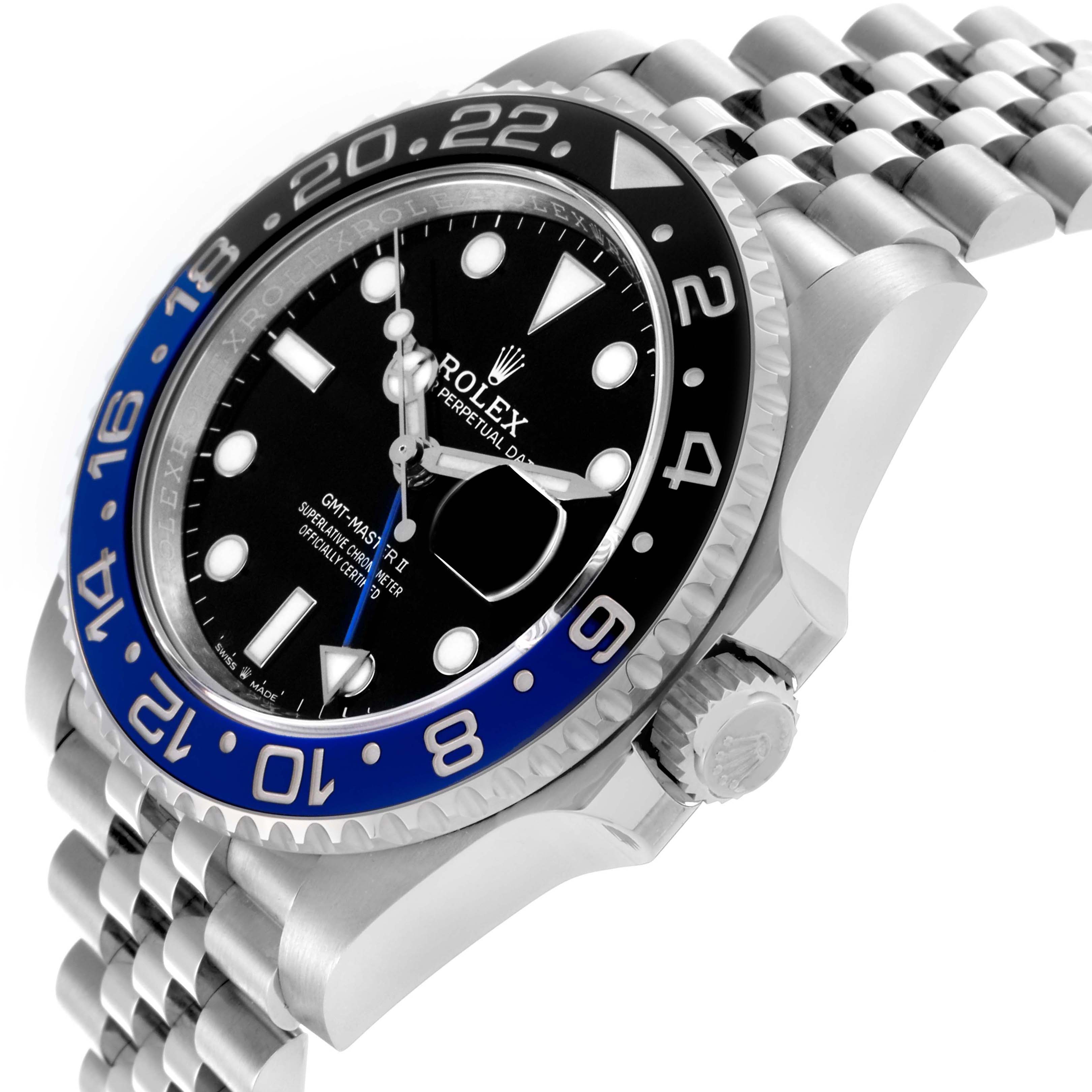 The Rolex GMT-Master 126710BLNR Men's Stainless Steel Black Dial 126710BLNR Men's Stainless Steel Black Dial watch is angled showing the dial, bezel, crown, and bracelet.
