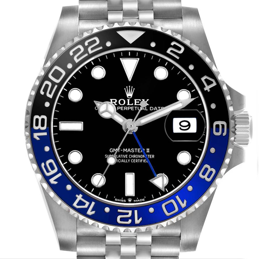 The image shows a frontal view of the Rolex GMT-Master II, highlighting its black and blue bezel, dial, and bracelet.