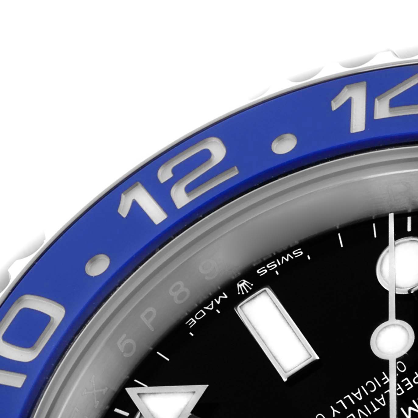 The image shows a close-up of the blue bezel and part of the dial of a Rolex GMT-Master 126710BLNR Men's Stainless Steel Black Dial 126710BLNR Men's Stainless Steel Black Dial watch.