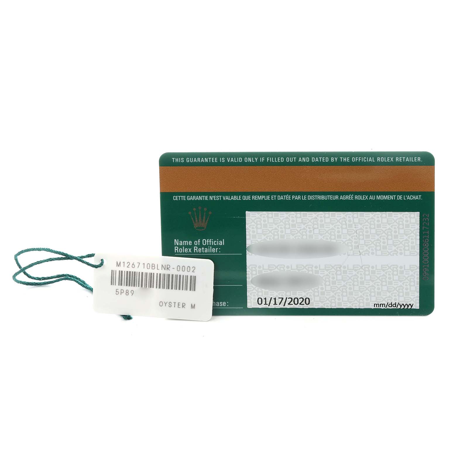 The image shows a Rolex GMT-Master 126710BLNR Men's Stainless Steel Black Dial 126710BLNR Men's Stainless Steel Black Dial model's warranty card and a hang tag with model details.