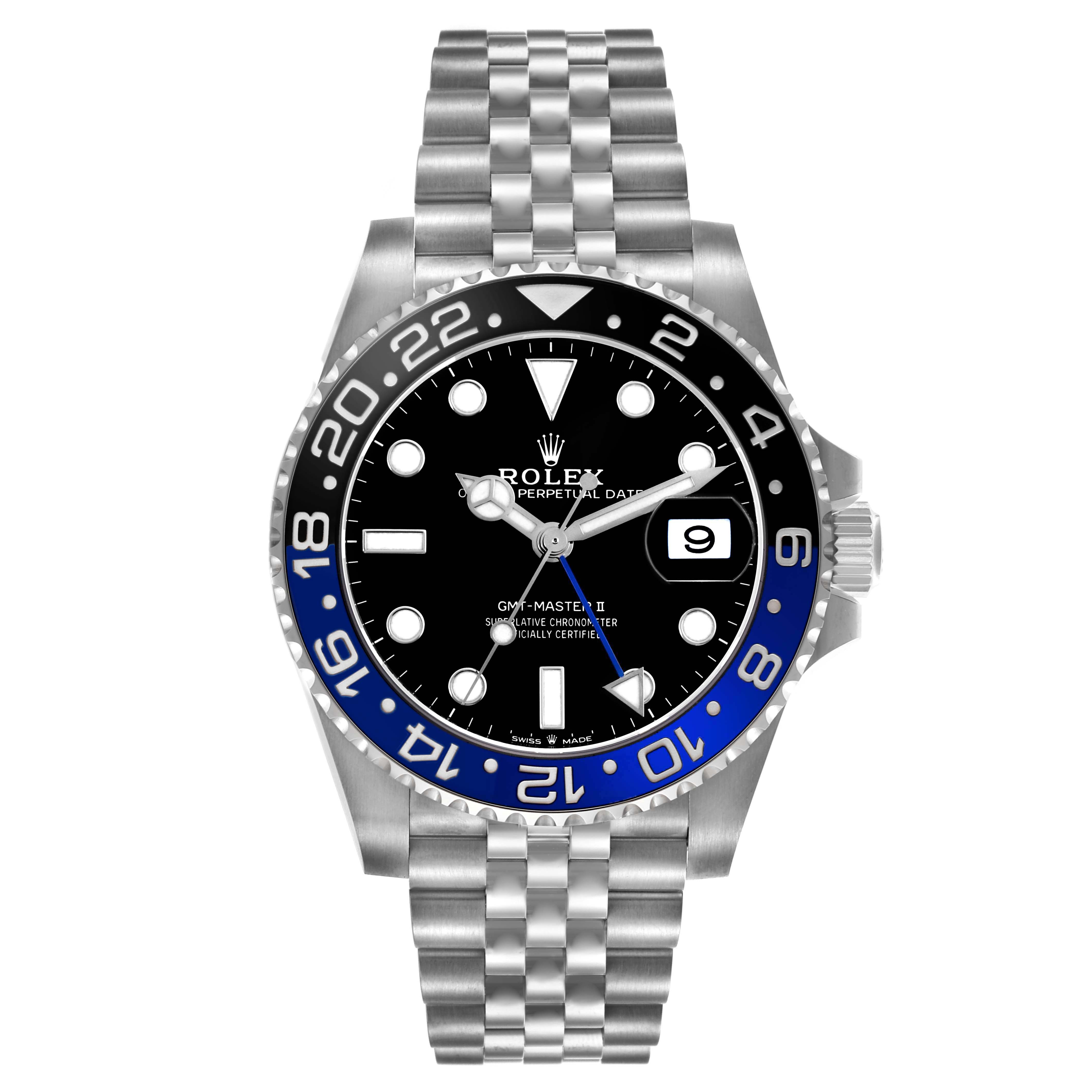 The Rolex GMT-Master 126710BLNR Men's Stainless Steel Black Dial 126710BLNR Men's Stainless Steel Black Dial watch is shown from the front, displaying its dial, bezel, case, crown, and bracelet.