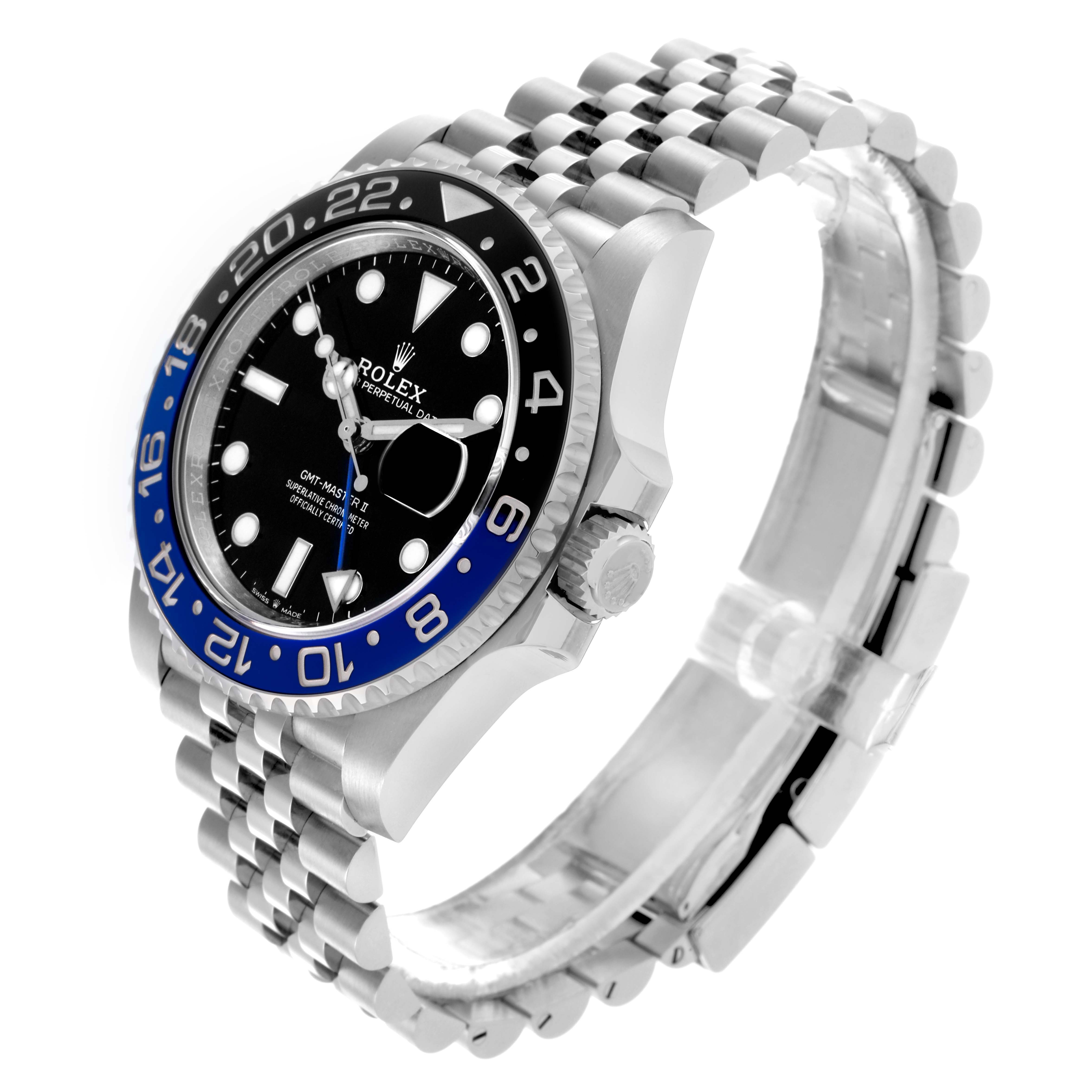 The Rolex GMT-Master 126710BLNR Men's Stainless Steel Black Dial 126710BLNR Men's Stainless Steel Black Dial watch is shown at a three-quarter angle, highlighting the bezel, dial, and bracelet.