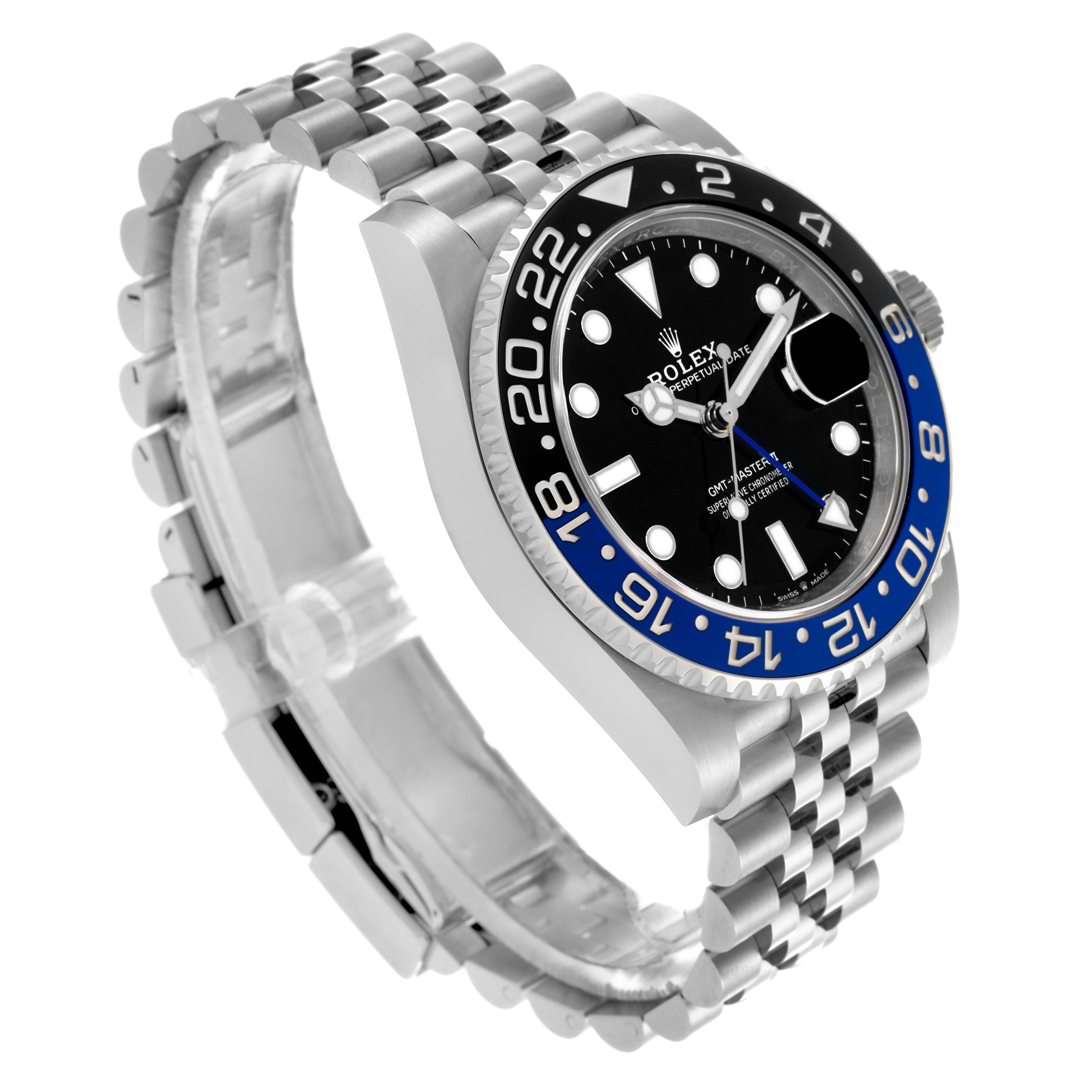 The Rolex GMT-Master 126710BLNR Men's Stainless Steel Black Dial 126710BLNR Men's Stainless Steel Black Dial watch is shown at a three-quarter angle, highlighting the bezel, dial, and jubilee bracelet.