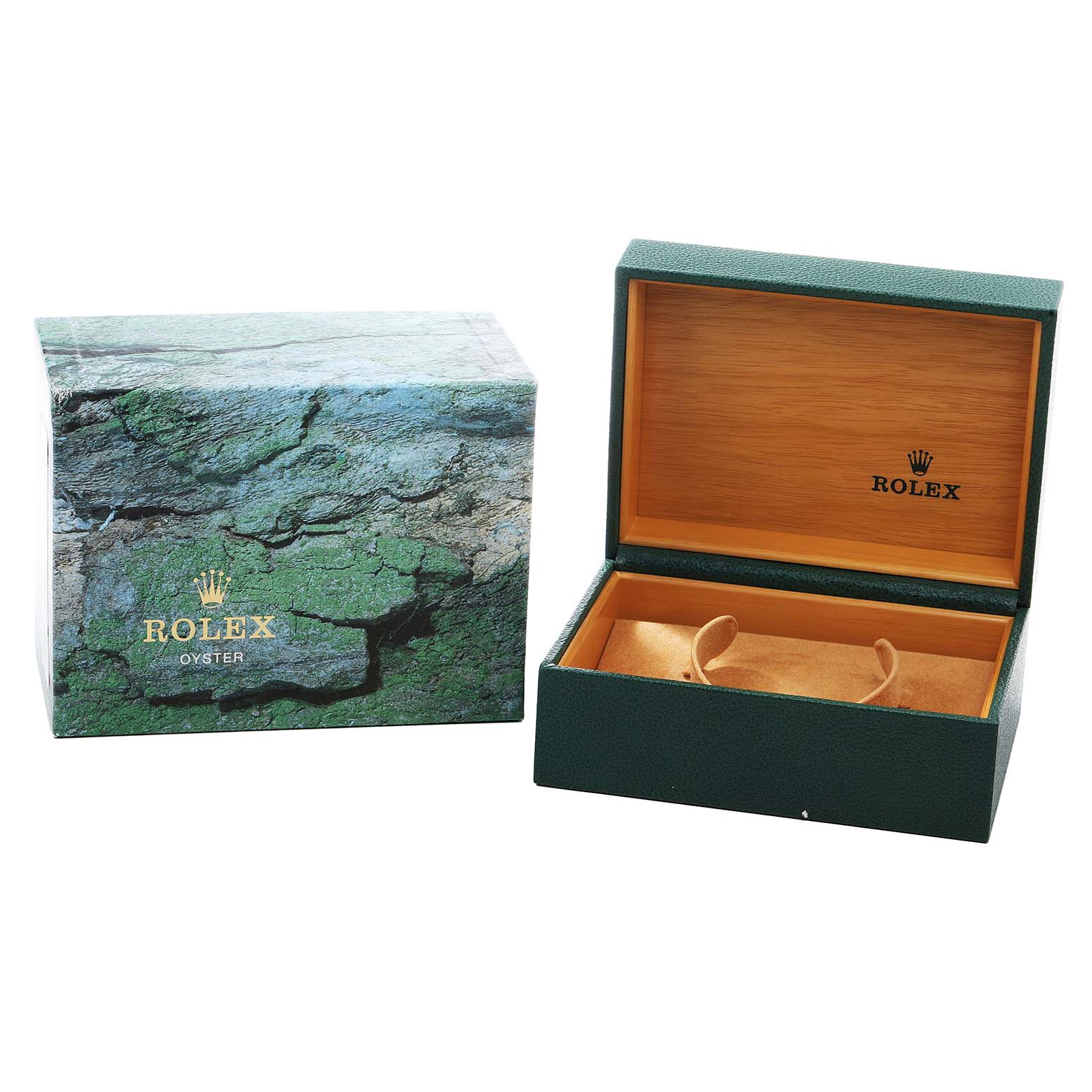 The image shows a Rolex GMT-Master 16710 Men's Stainless Steel Black Dial box and outer packaging, both open and closed, without the watch displayed.