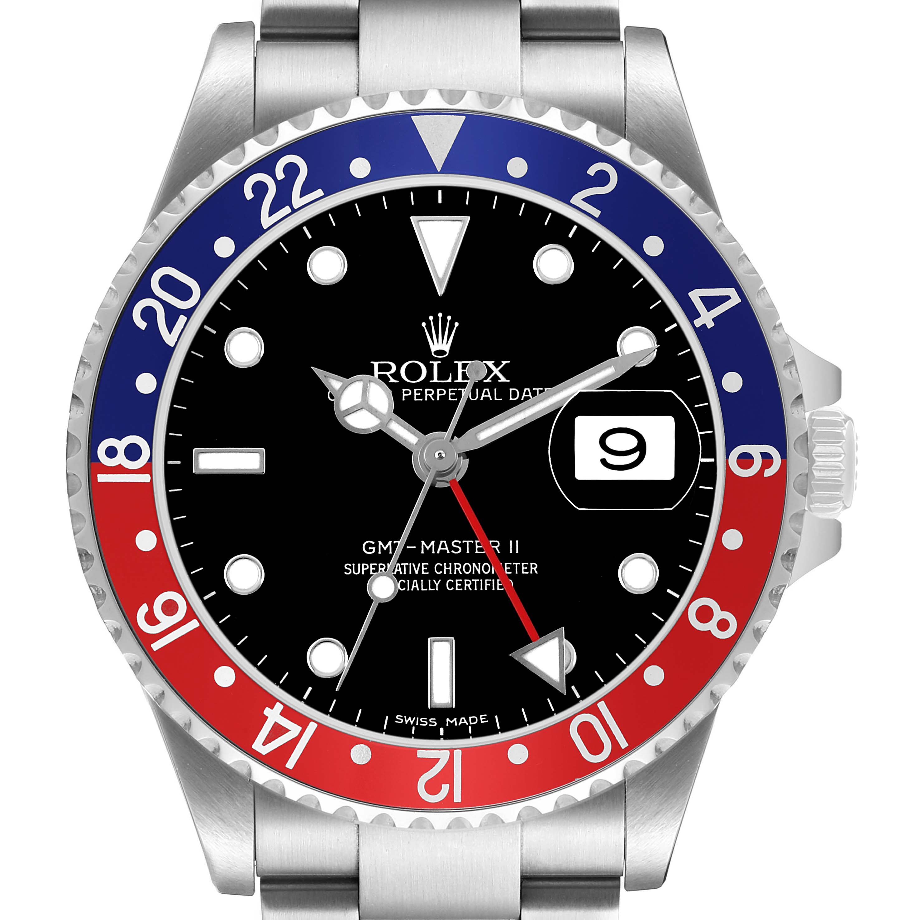 The image shows a front view of a Rolex GMT-Master 16710 Men's Stainless Steel Black Dial II watch, highlighting the bezel, crown, and dial.
