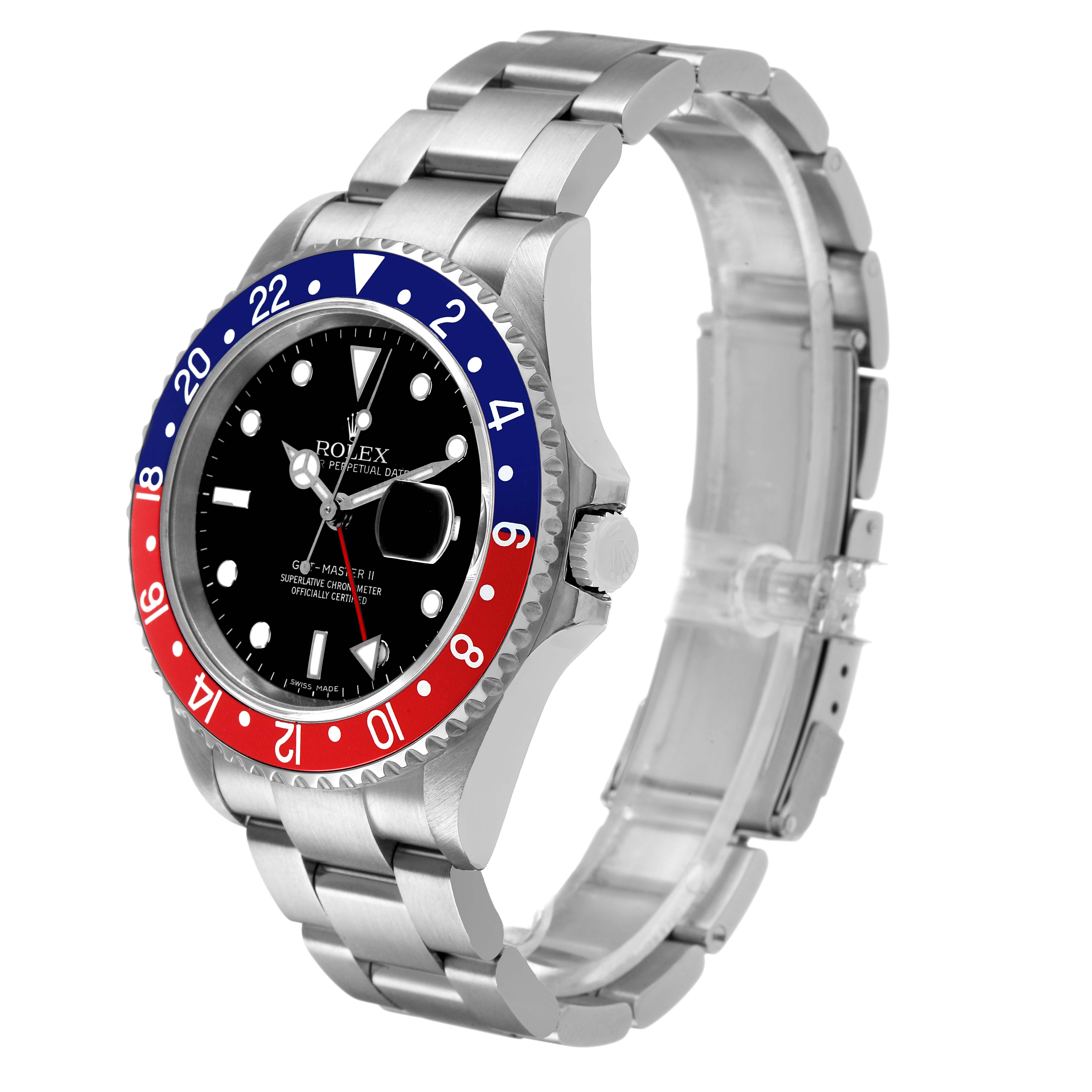 The Rolex GMT-Master 16710 Men's Stainless Steel Black Dial watch is shown at a three-quarter angle, displaying its bezel, dial, and Oyster bracelet.