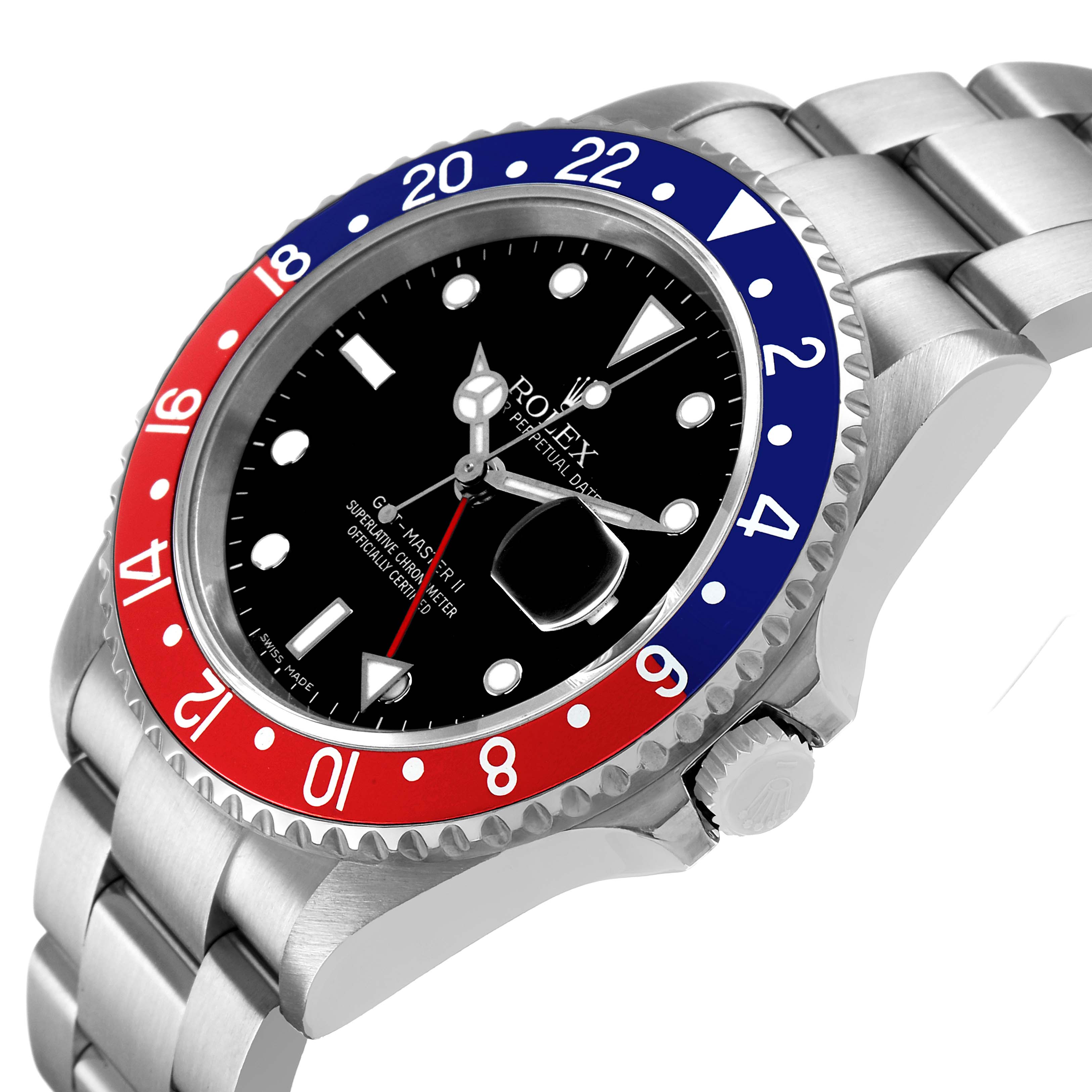 The Rolex GMT-Master 16710 Men's Stainless Steel Black Dial model is shown at a slight angle, highlighting its red and blue bezel, black dial, and metal bracelet.