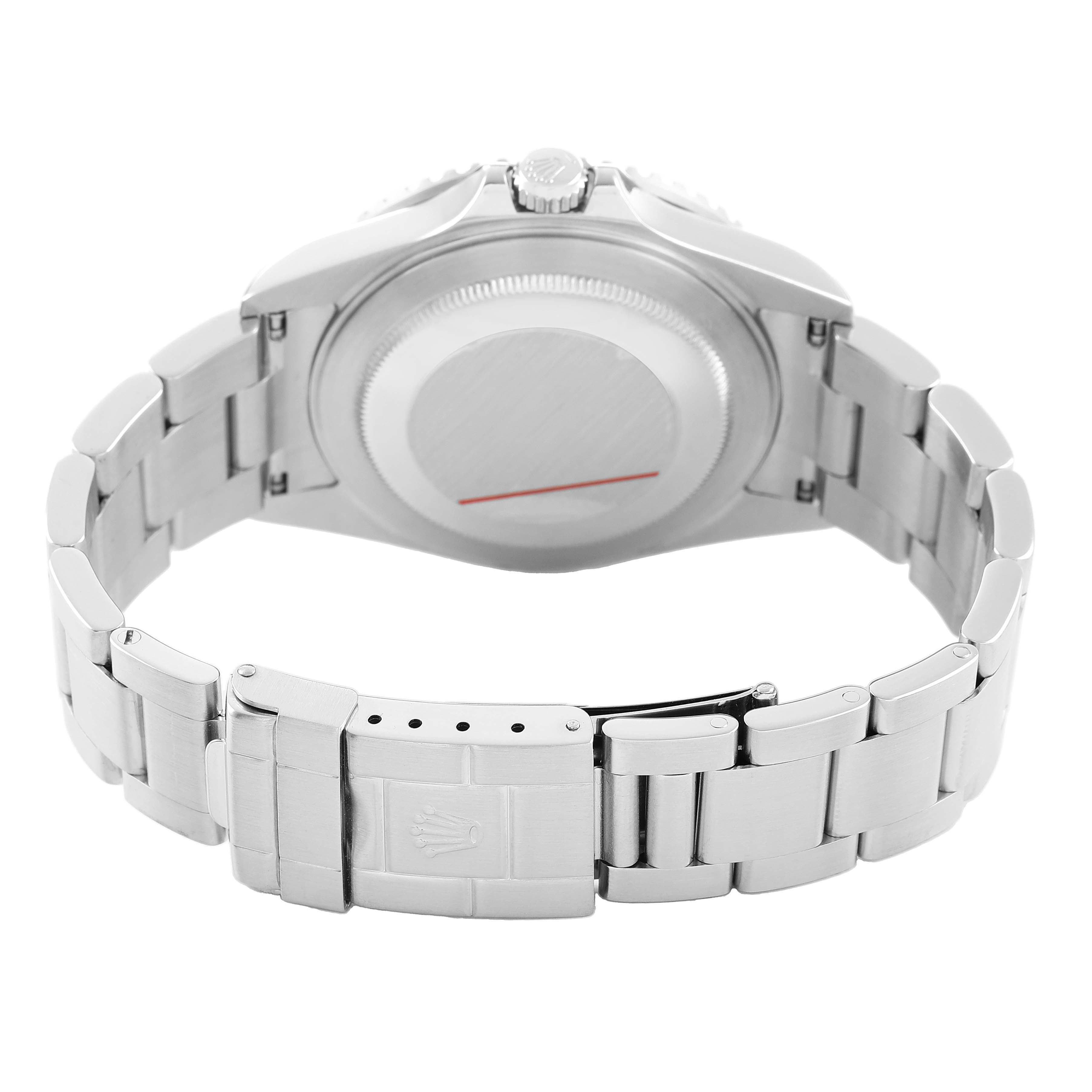 The image shows the back of a Rolex GMT-Master 16710 Men's Stainless Steel Black Dial watch, focusing on the case back and bracelet from a rear angle.