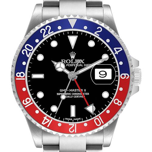 The Rolex GMT-Master 16710 Men's Stainless Steel Black Dial watch is shown from the front, highlighting the bezel, dial, hands, and date window.