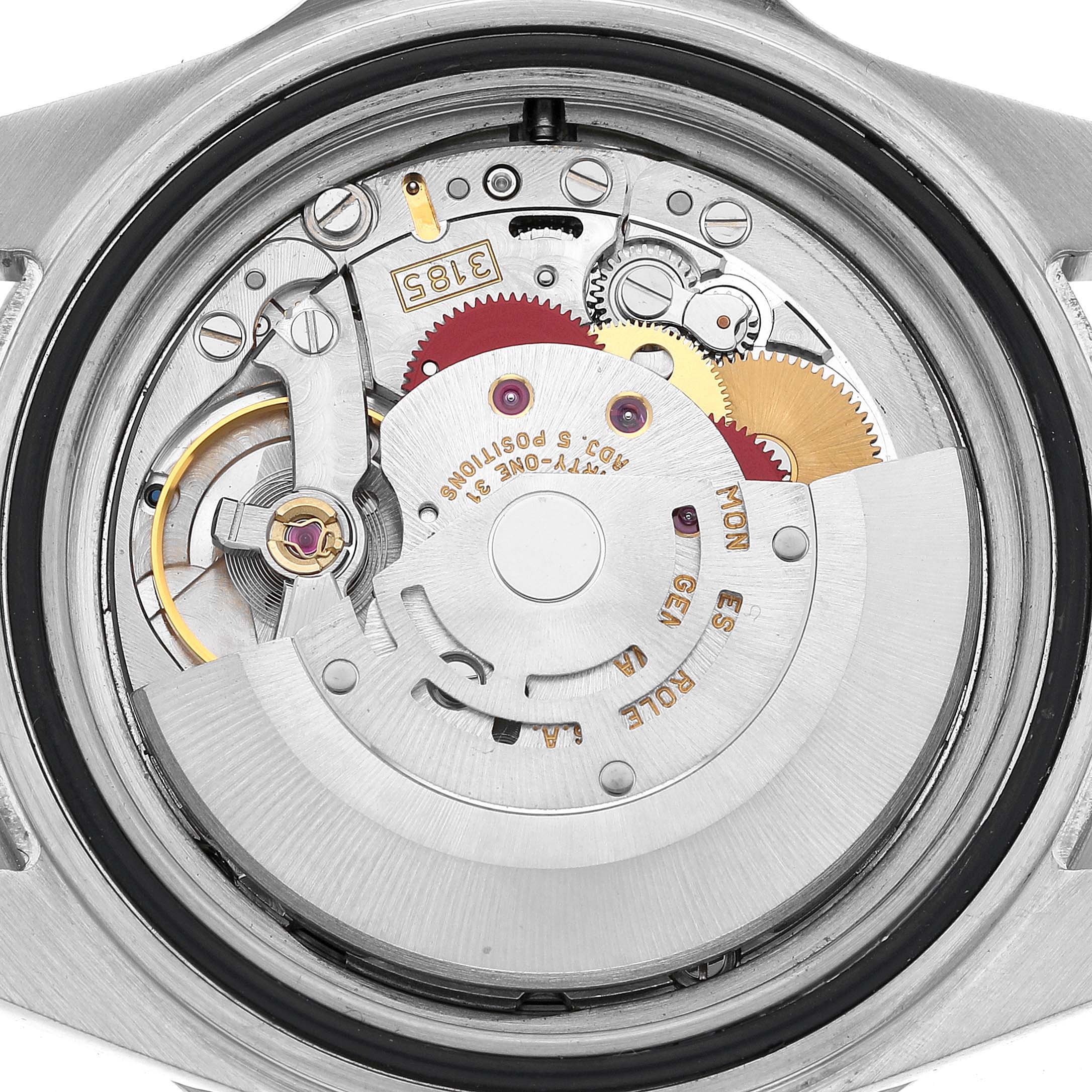 The image shows the inside mechanism of a Rolex GMT-Master 16710 Men's Stainless Steel Black Dial watch, displaying gears and movement components from the back.
