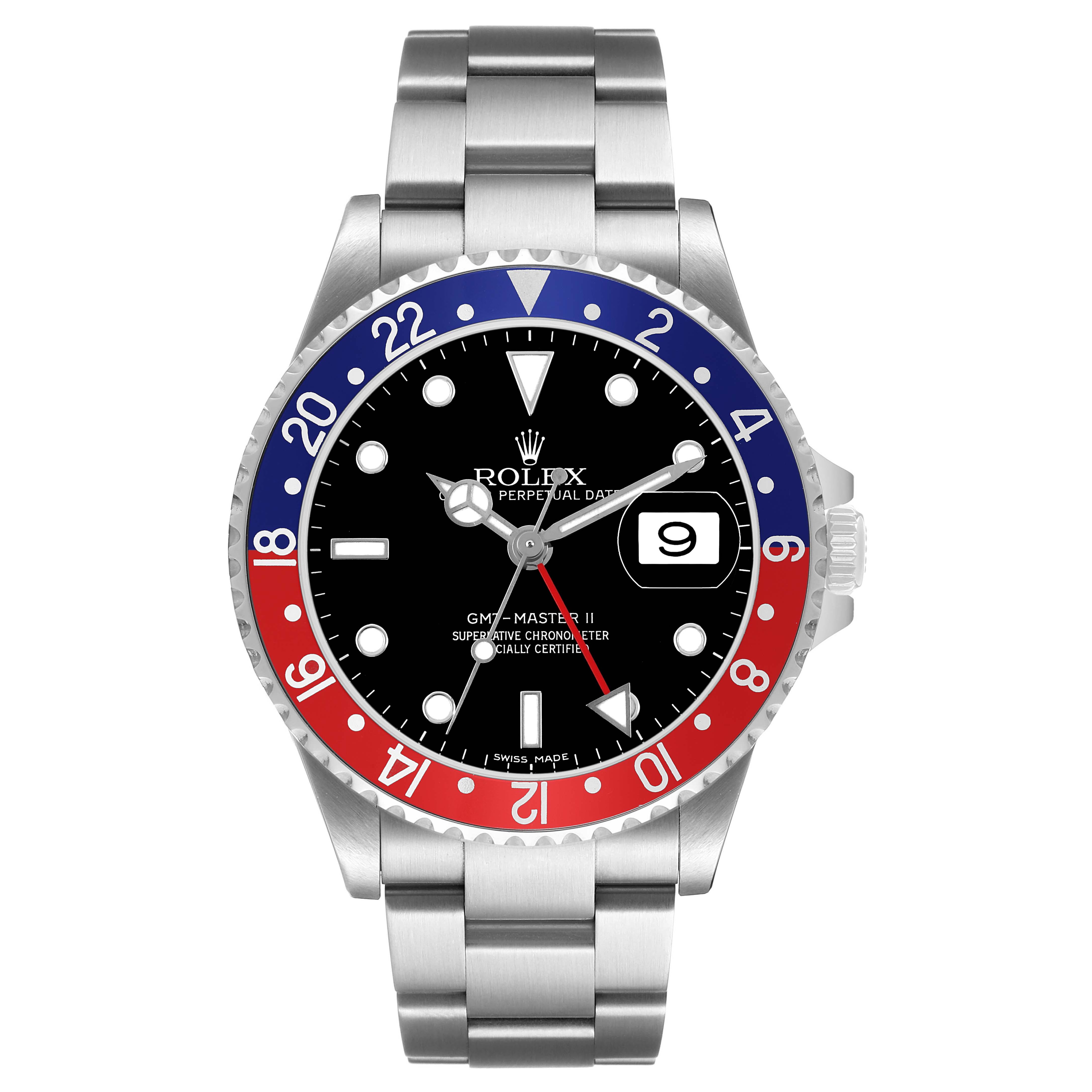The Rolex GMT-Master 16710 Men's Stainless Steel Black Dial watch is shown from a front angle, displaying the bezel, dial, hands, crown, and bracelet.