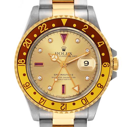 Photo of Rolex GMT Master II Root Beer Diamond Ruby Serti Dial Steel Yellow Gold Mens Watch 16713