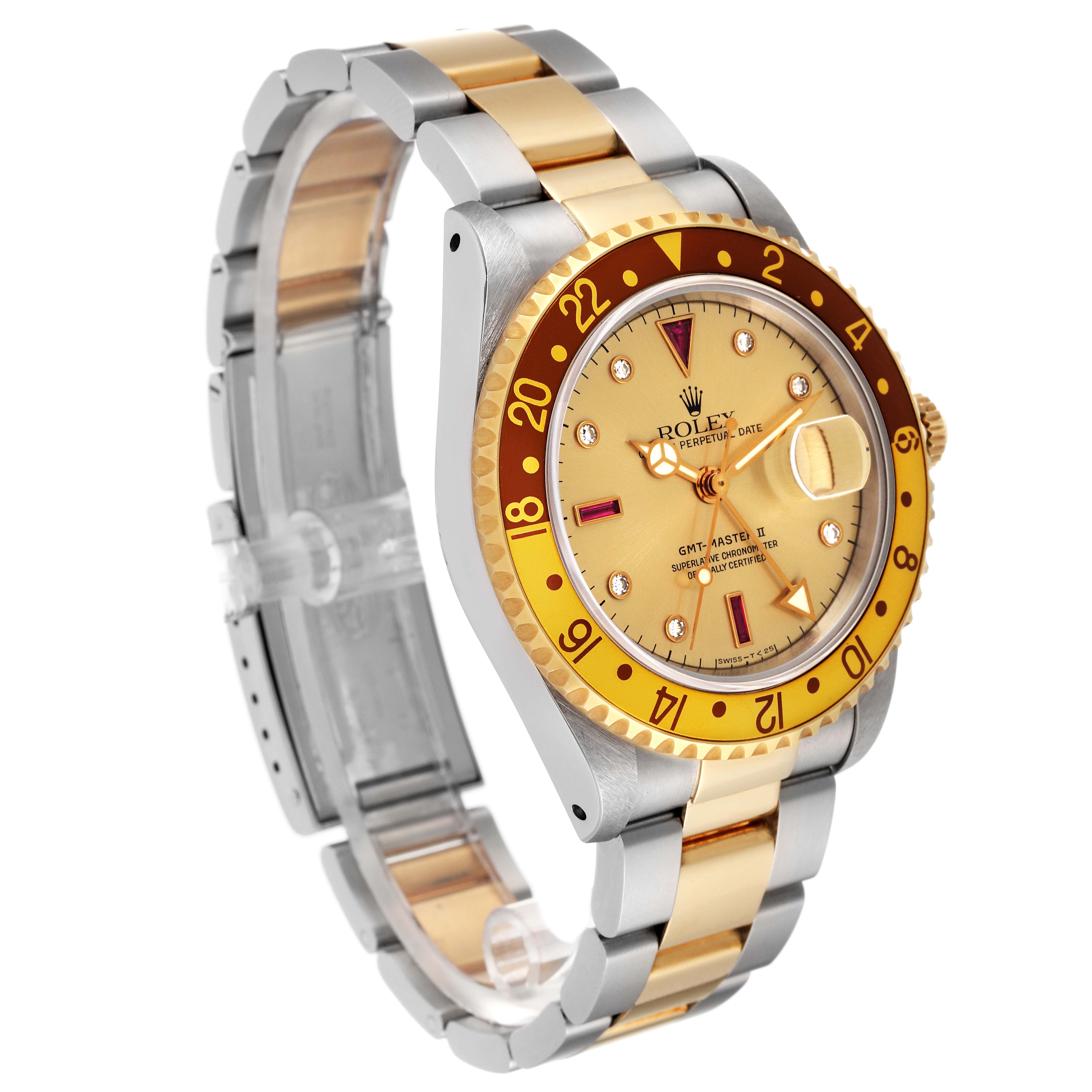 The image shows a side-angle view of a Rolex GMT-Master 16713 Men's Steel and Gold (two tone) Champagne Dial 16713 Men's Steel and Gold (two tone) Champagne Dial watch, highlighting its bezel, dial, and two-tone bracelet.