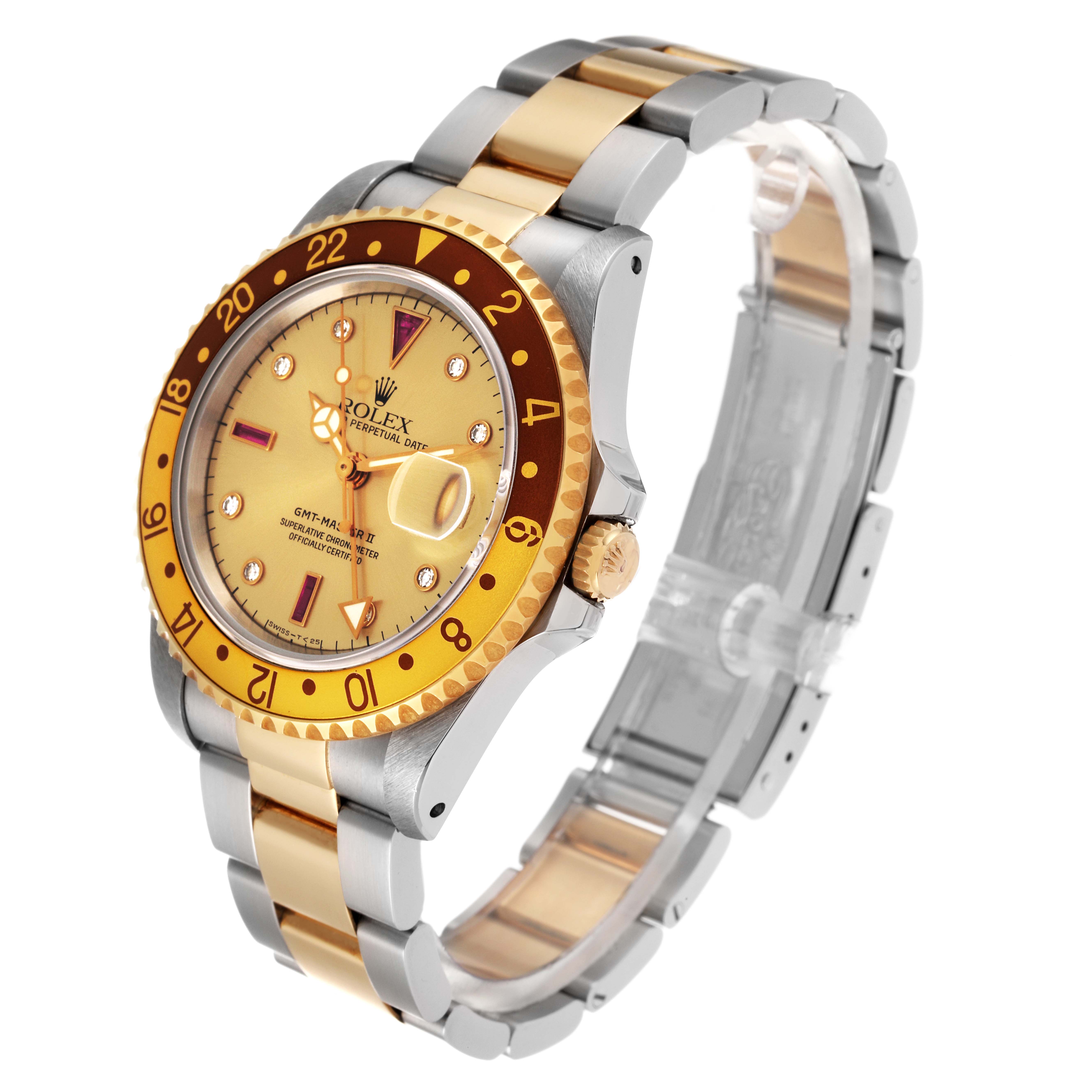 This image shows a Rolex GMT-Master 16713 Men's Steel and Gold (two tone) Champagne Dial 16713 Men's Steel and Gold (two tone) Champagne Dial watch from a three-quarter angle, detailing its bezel, dial, crown, and bracelet.